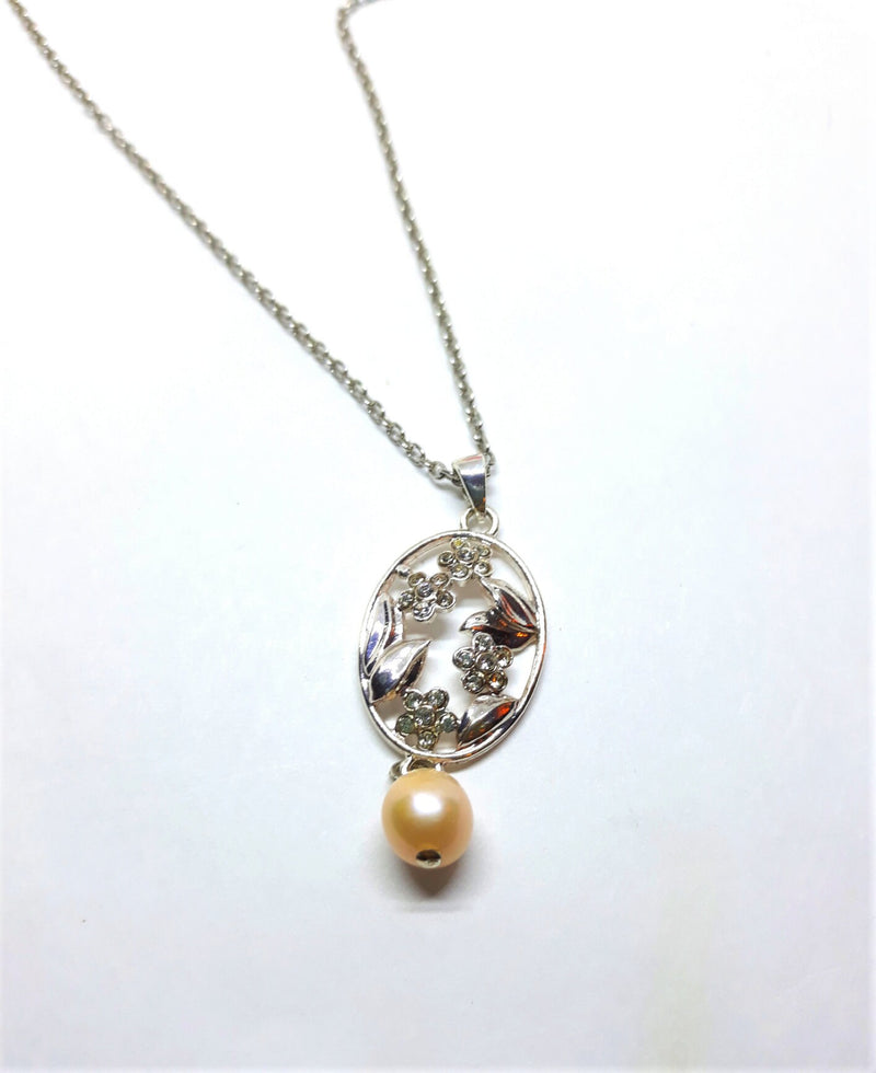 Silvertone Floral Pendant with Rhinestones and Simulated Antique Pearl with Necklace