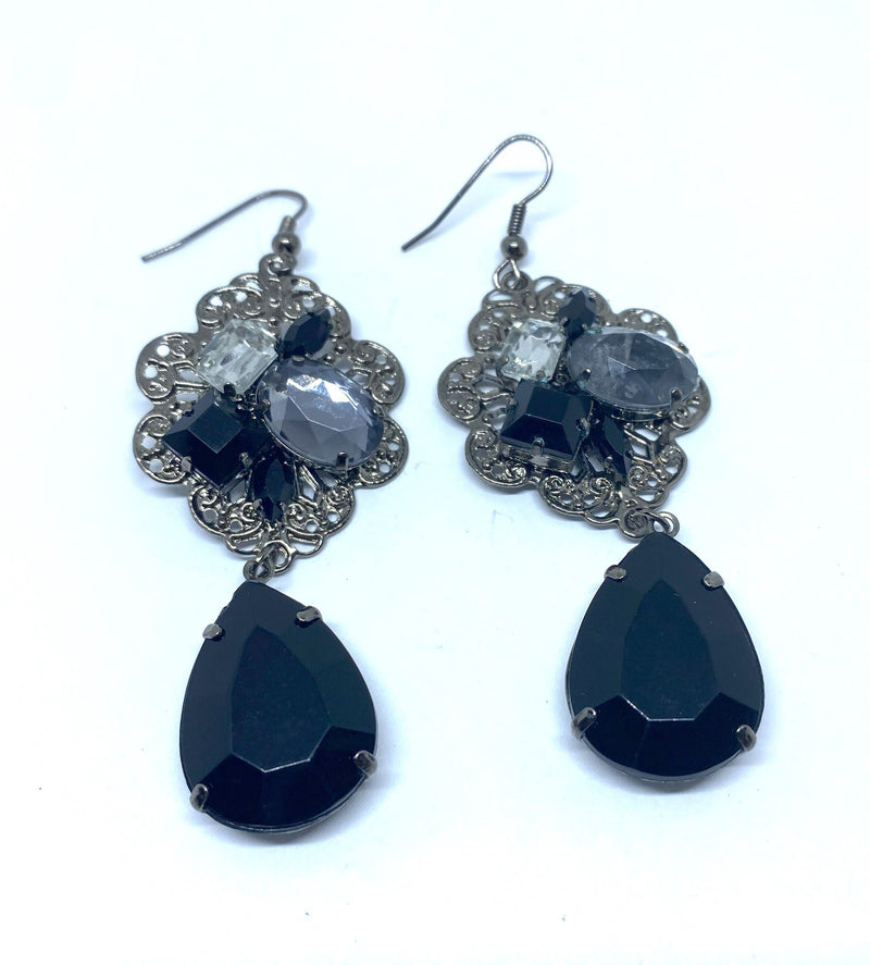 Vintage Inspired Goth, Dangle Earrings - Pierced. Goth, Victorian Style, Black, Lucite and Silvertone