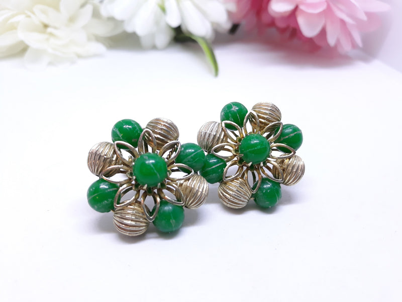 Gorgeous, CORO Signed Green and Gold Starburst Earrings - Clip-on Backing