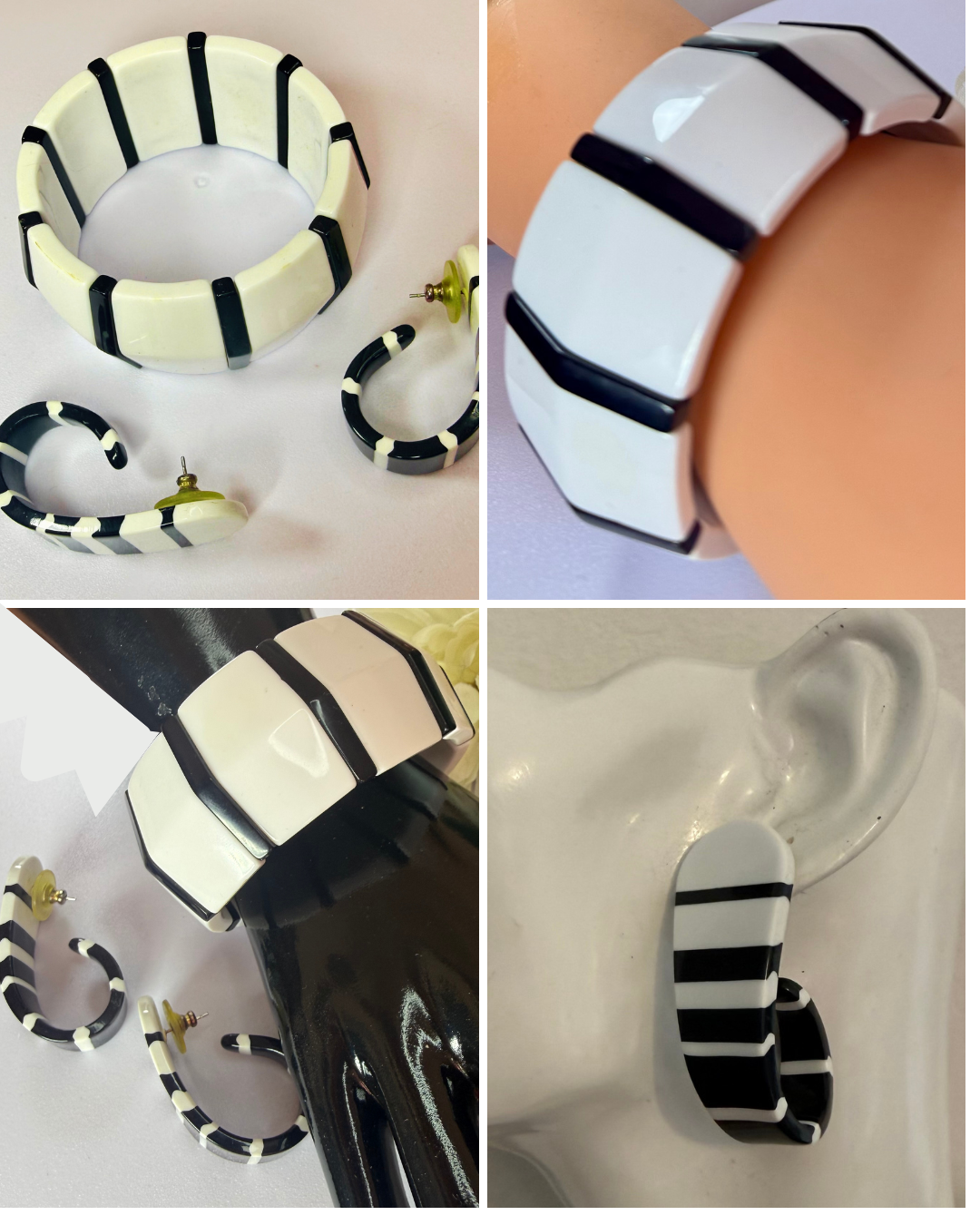 Gorgeous Black and White Bracelet and Clip-On Earrings - Gorgeous MOD, 1960s Style - Peppermint-Twist-Vintage.com