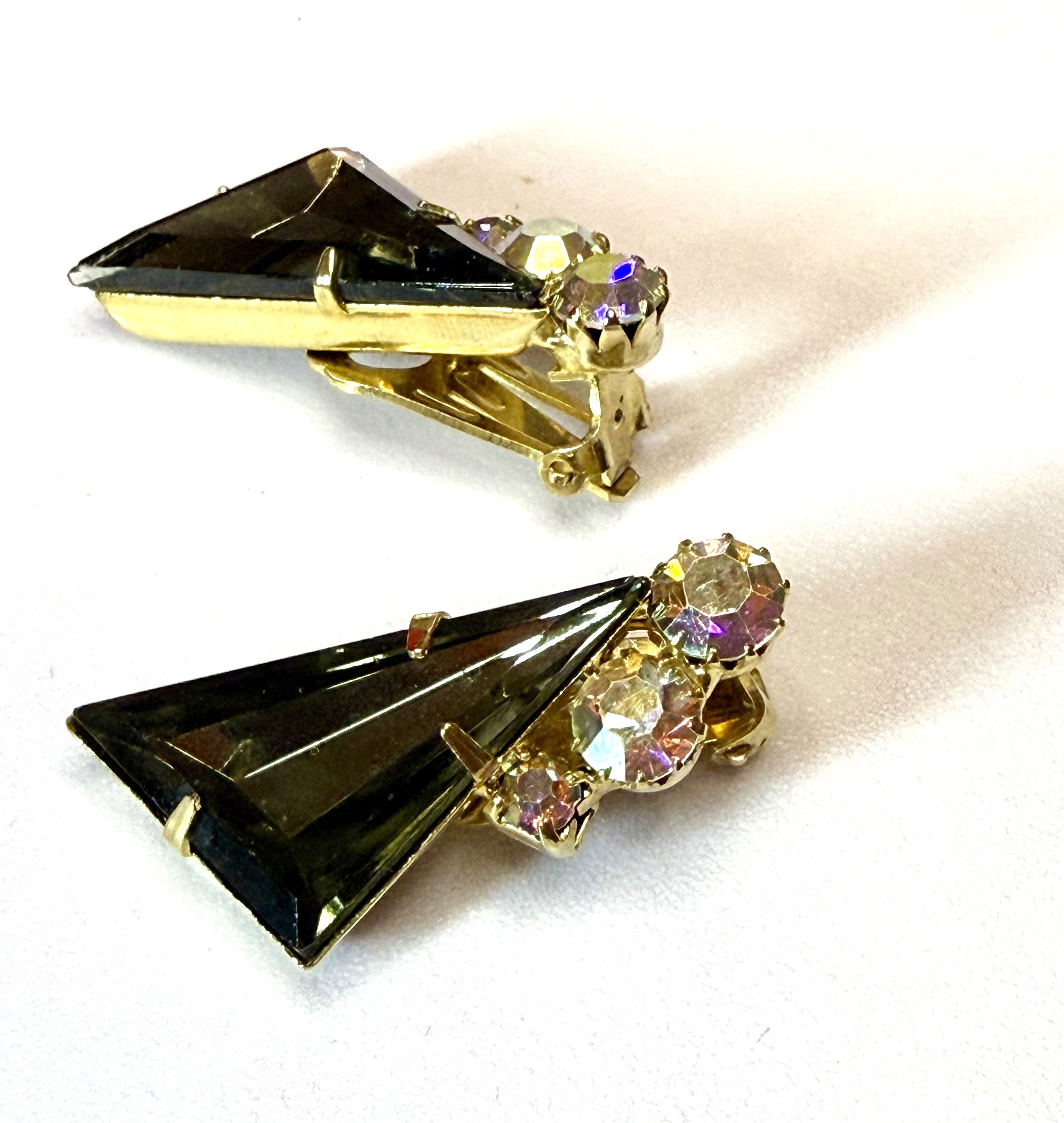 Gorgeous 1960s Austrian Crystal Clip-On Earrings - Smoky Grey Stones, Unique Triangle Shaped - Peppermint-Twist-Vintage.com