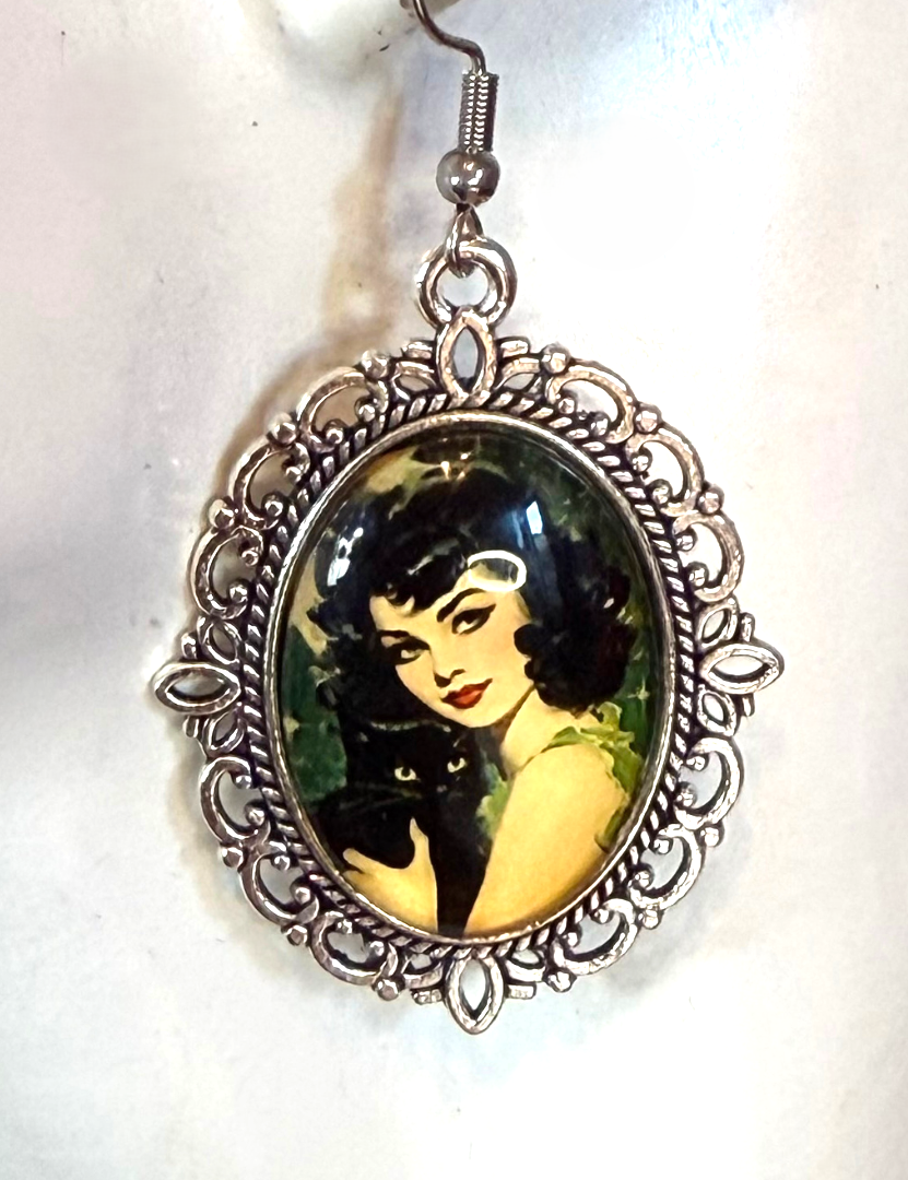 Vintage Inspired Black Cat with Lady Dangle Pierced Earrings - Halloween - Peppermint-Twist-Vintage.com