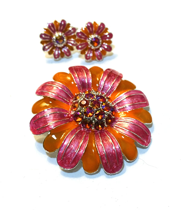 Vintage Avon Orange and Pink, 1970s Brooch and Earring Set, Signed - Peppermint-Twist-Vintage.com