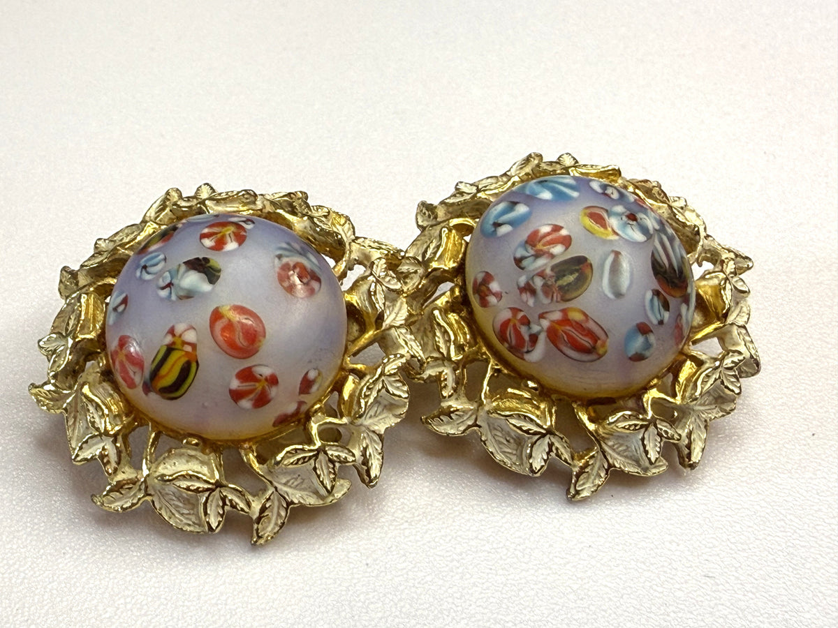 Gorgeous Vintage Millefiori Clip on Earrings - Patent Pending, 1960s Gorgeous - Peppermint-Twist-Vintage.com
