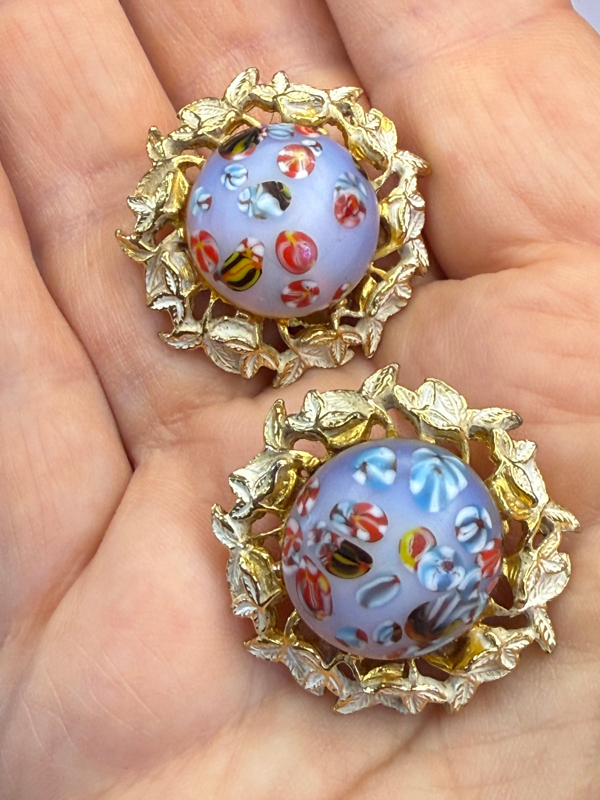 Gorgeous Vintage Millefiori Clip on Earrings - Patent Pending, 1960s Gorgeous - Peppermint-Twist-Vintage.com