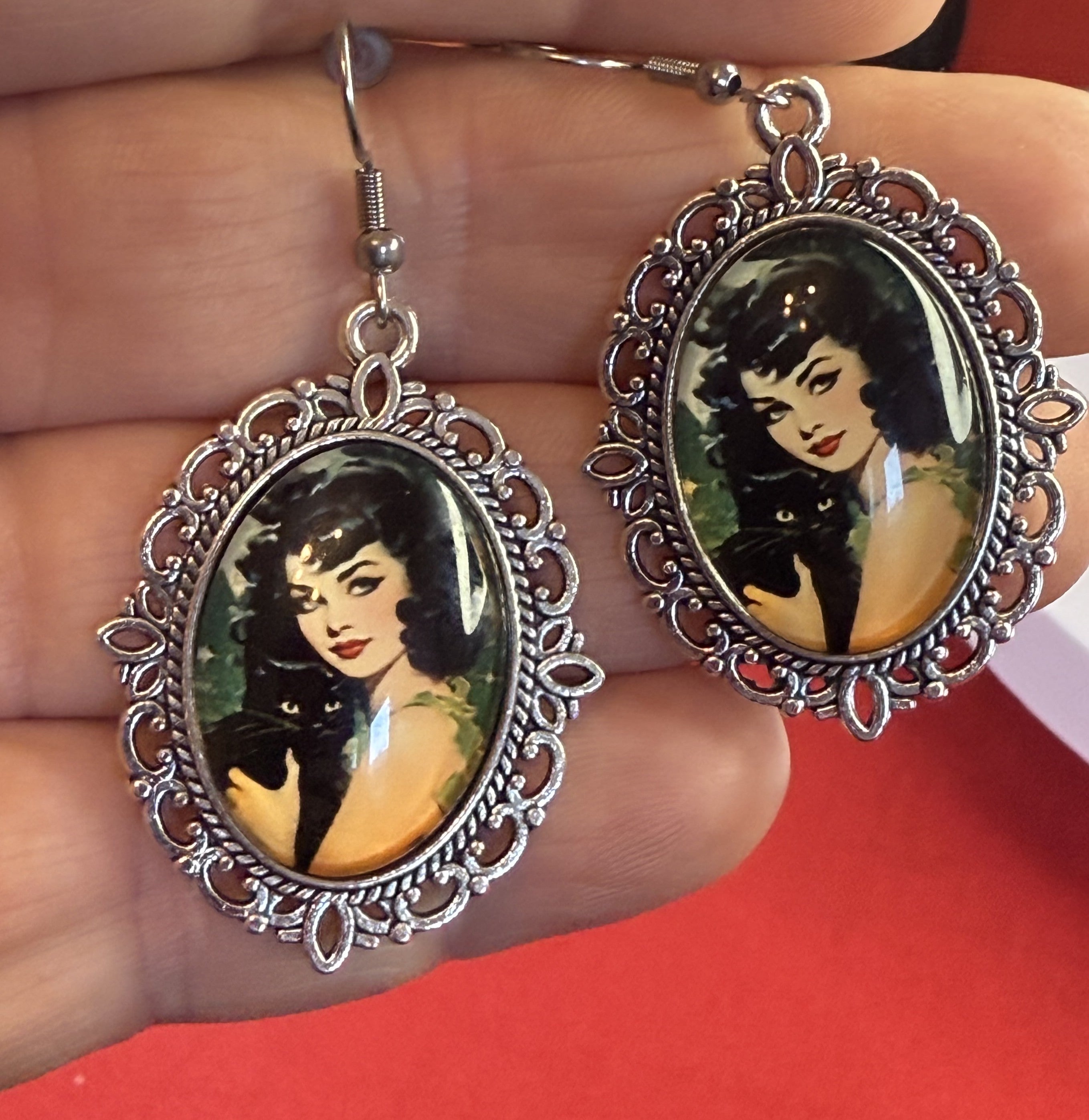 Vintage Inspired Black Cat with Lady Dangle Pierced Earrings - Halloween - Peppermint-Twist-Vintage.com