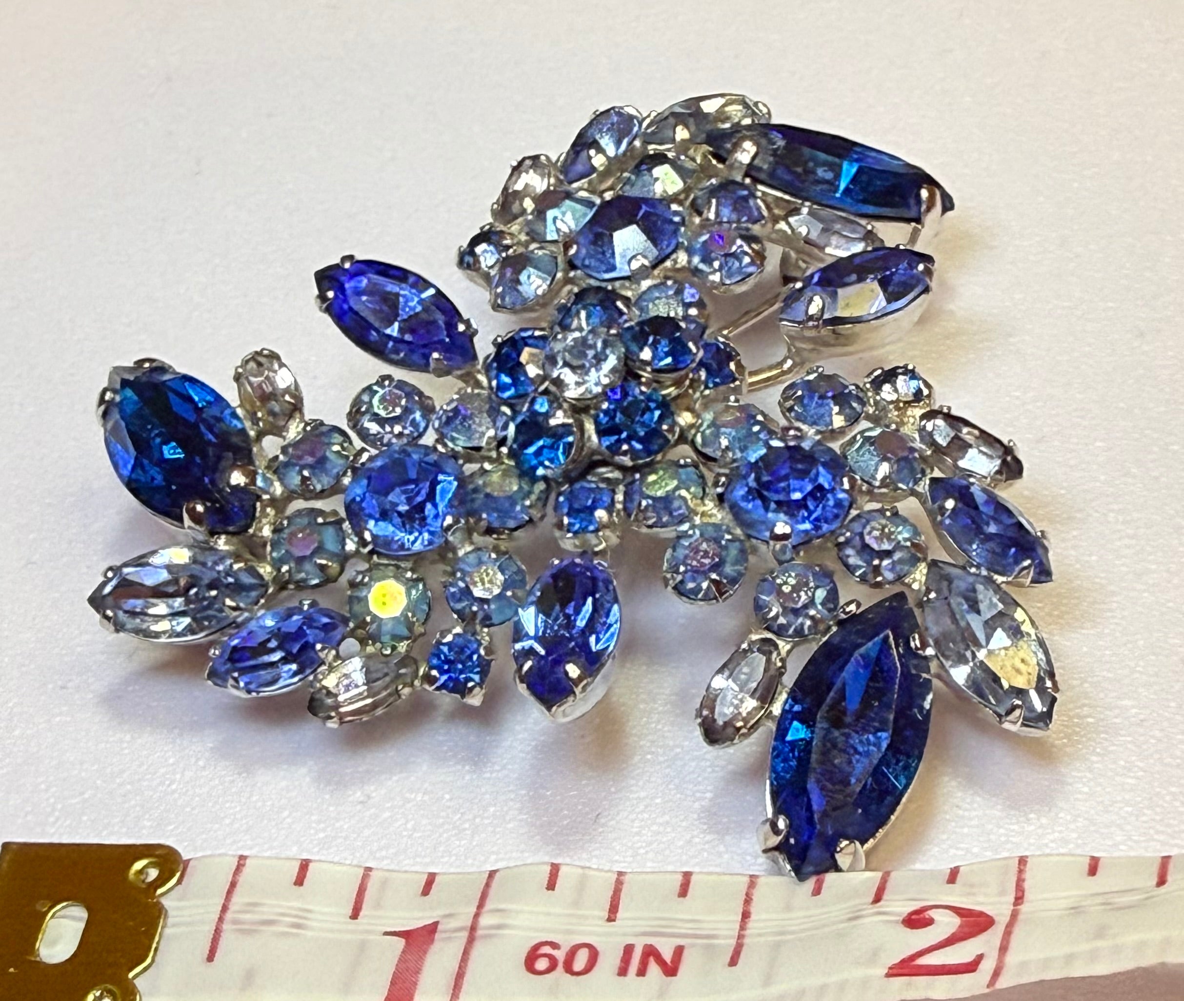 Sherman Signed Vintage Blue Rhinestone Brooch, Pinwheel Vintage, Excellent Condition