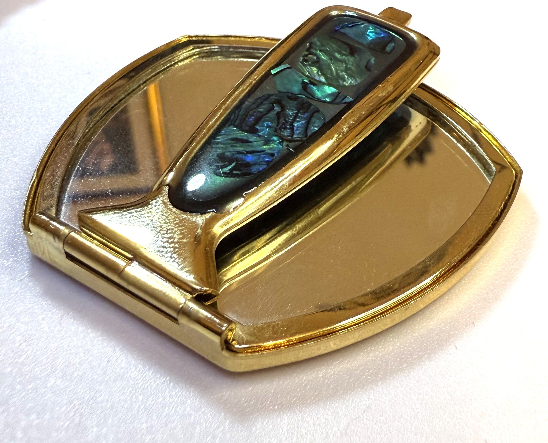 Vintage Abalone Shell Foldable Hand Mirror with Gold Trim