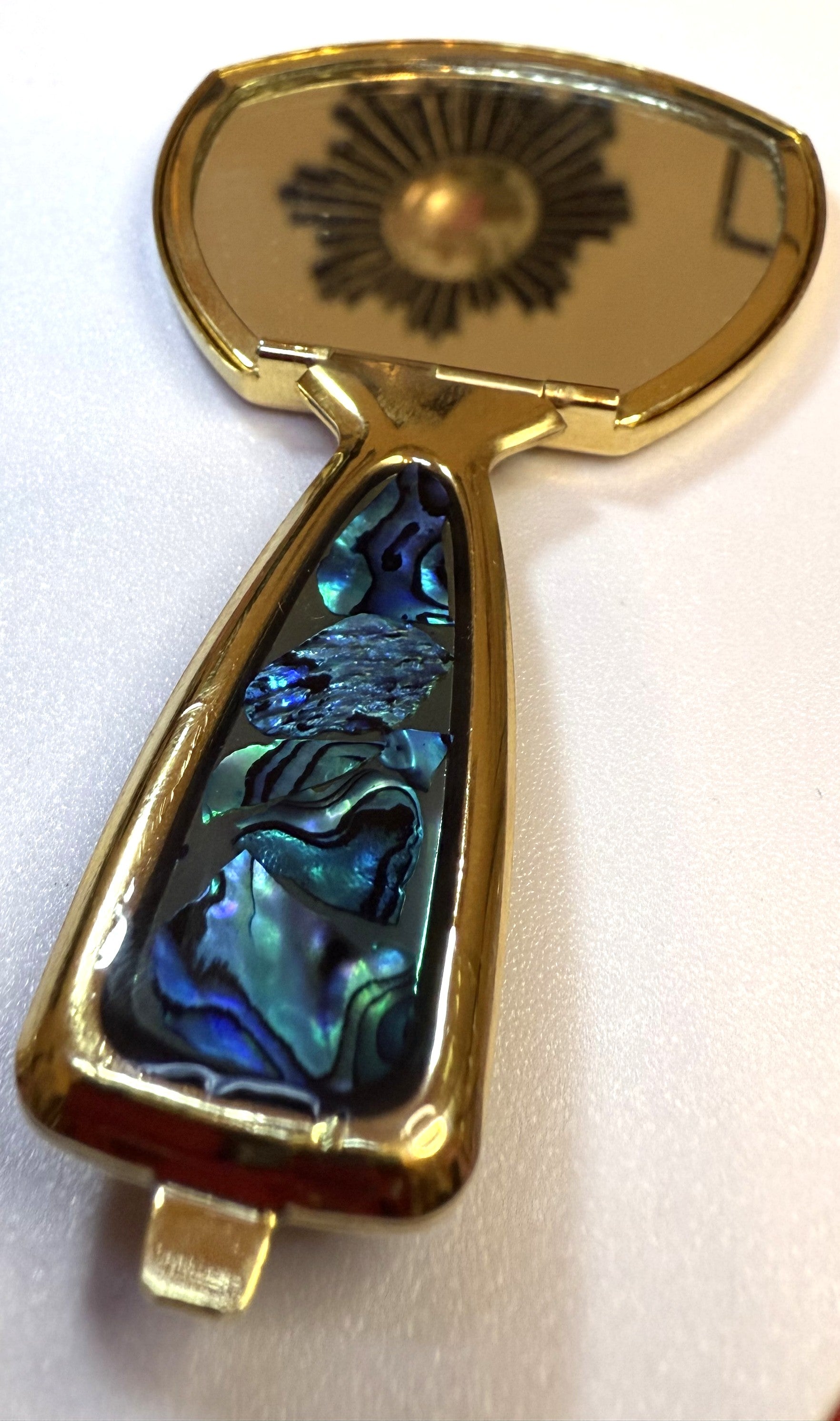 Vintage Abalone Shell Foldable Hand Mirror with Gold Trim