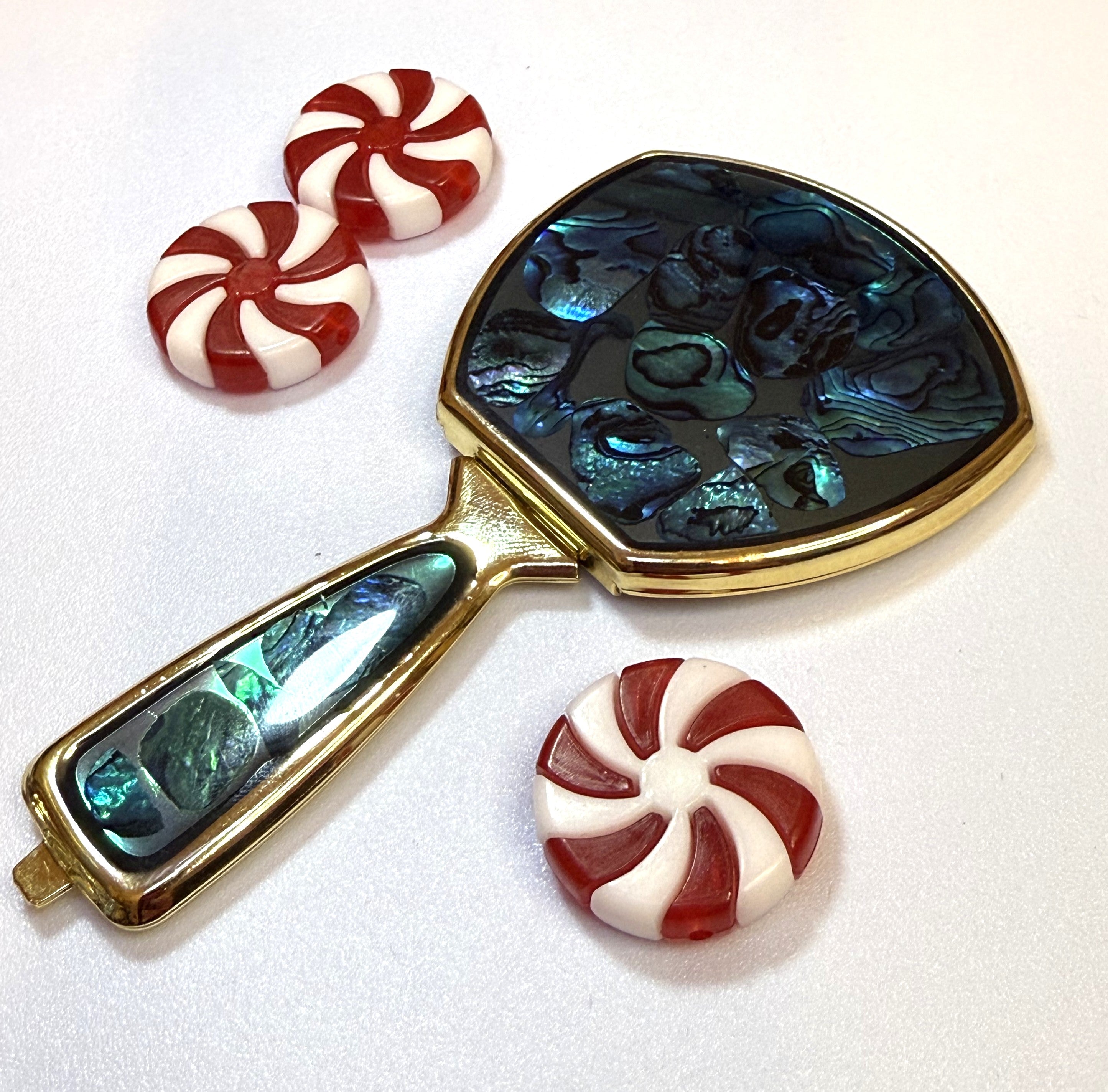 Vintage Abalone Shell Foldable Hand Mirror with Gold Trim