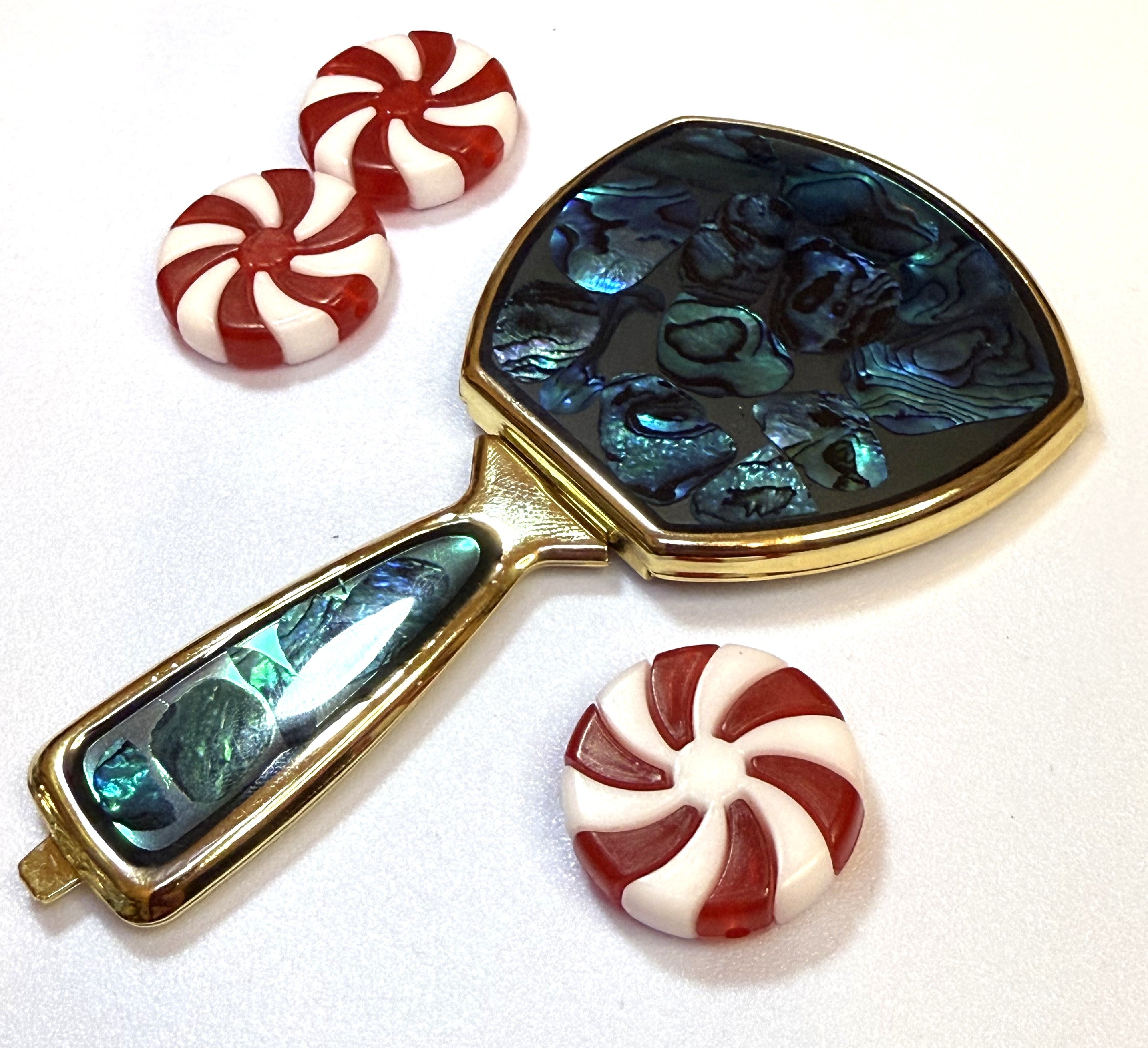 Vintage Abalone Shell Foldable Hand Mirror with Gold Trim