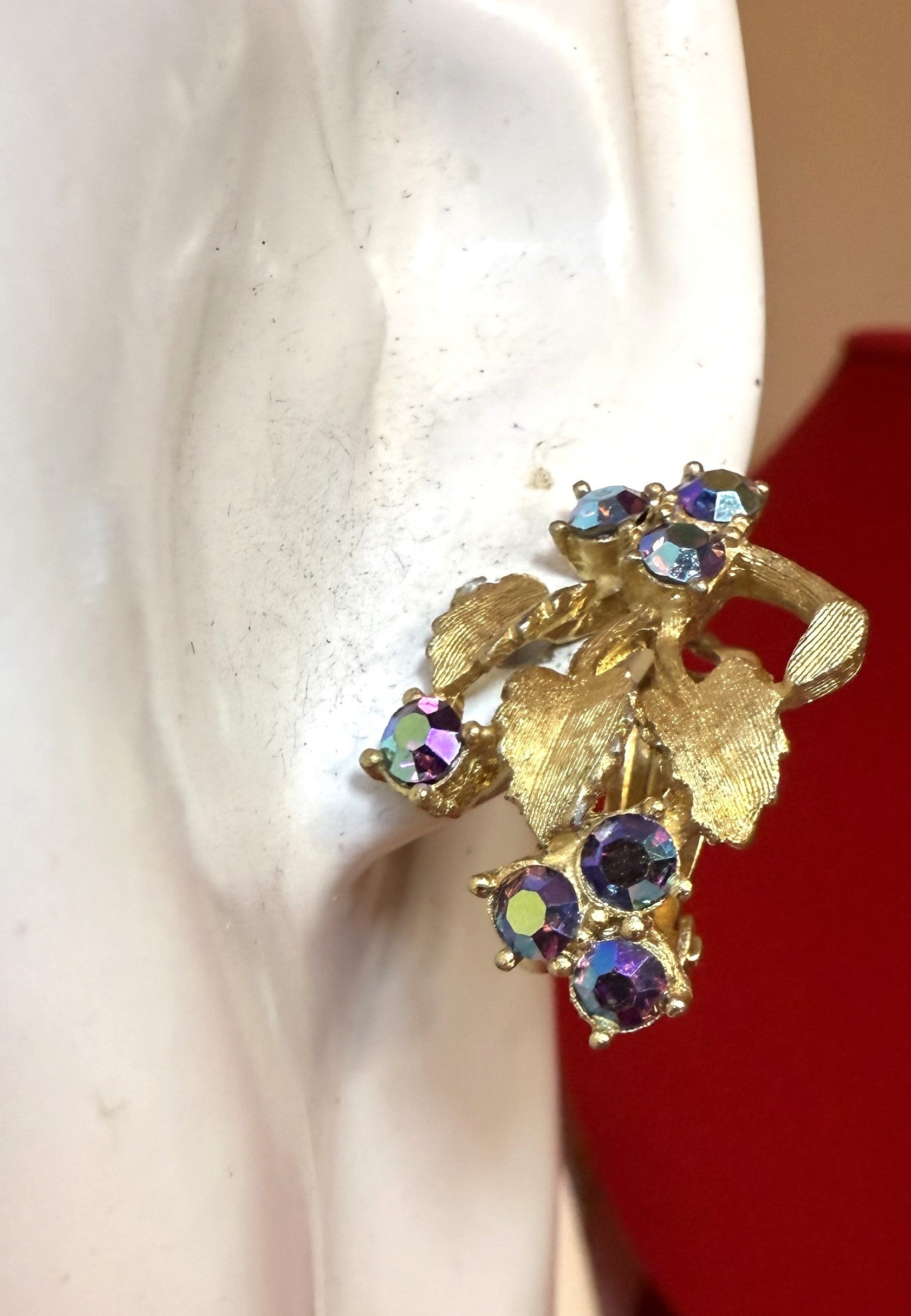 1940s Gold Tone Leaf Clip-On Earrings  with Purple Aurora Borealis Stones