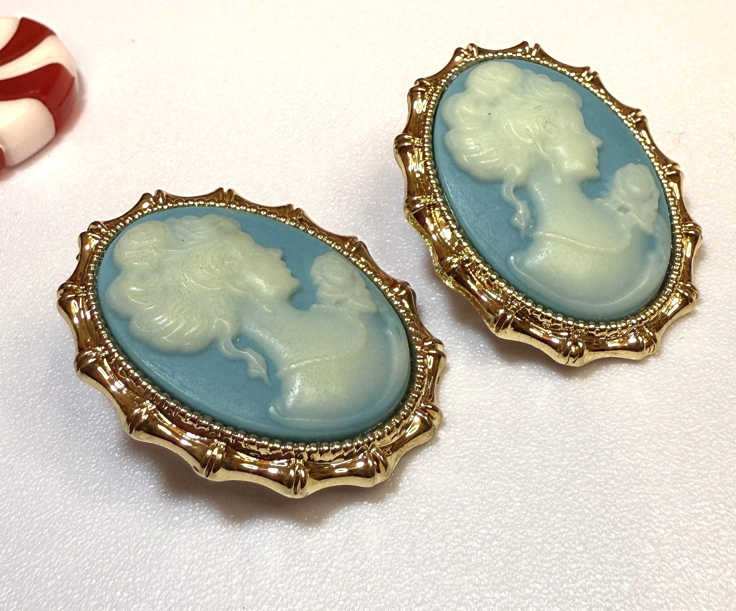 Cameo Earrings - Blue and Gold, Pierced, NEW, Elegant.