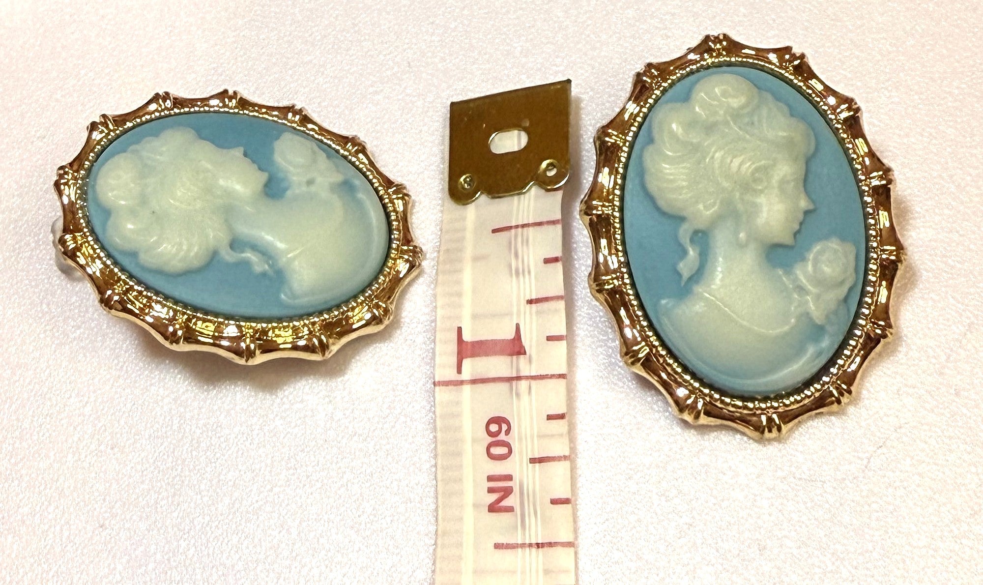Cameo Earrings - Blue and Gold, Pierced, NEW, Elegant.