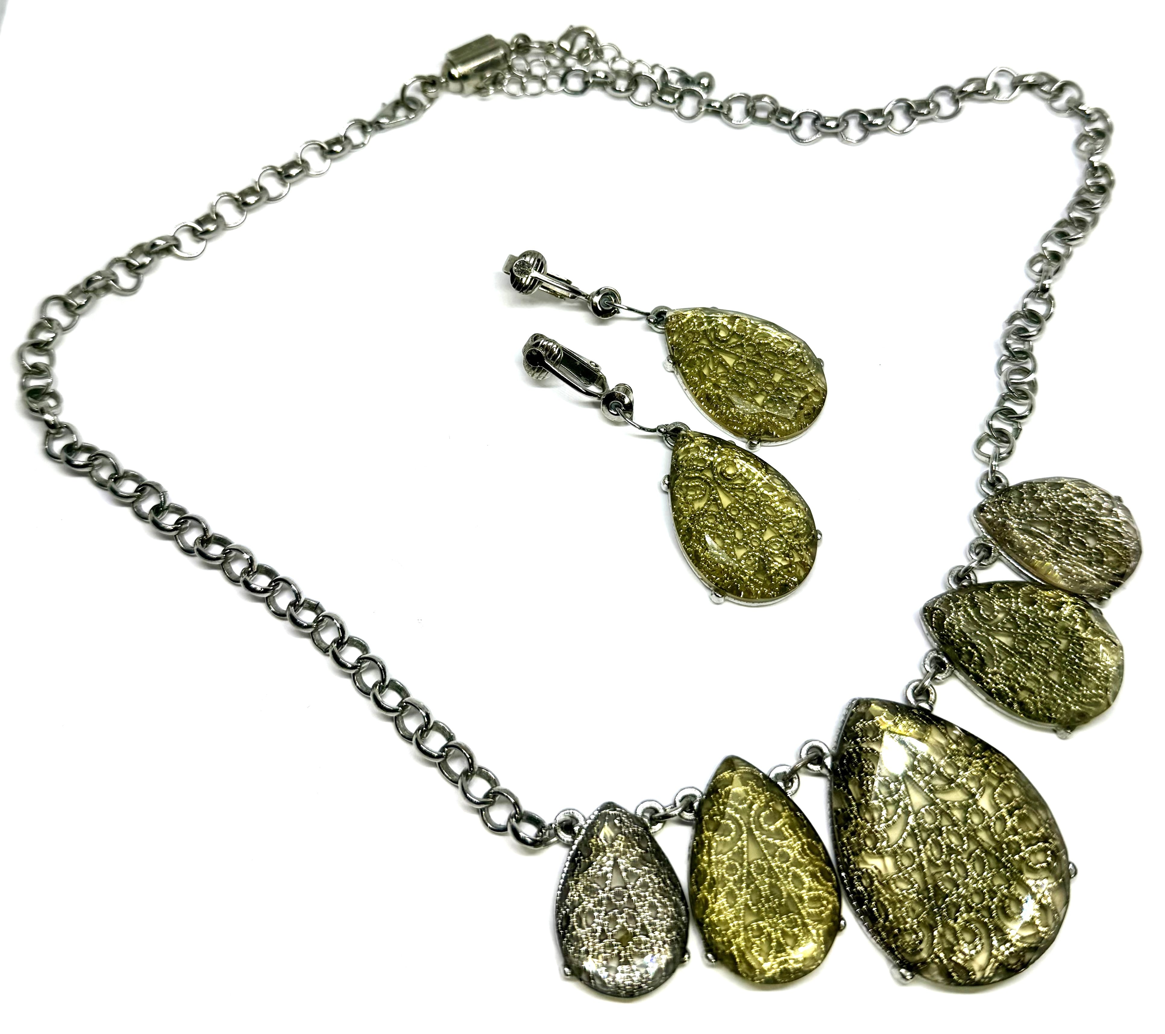 Gorgeous filigree teardrop necklace and earring set - vintage, possibly from the 1960s