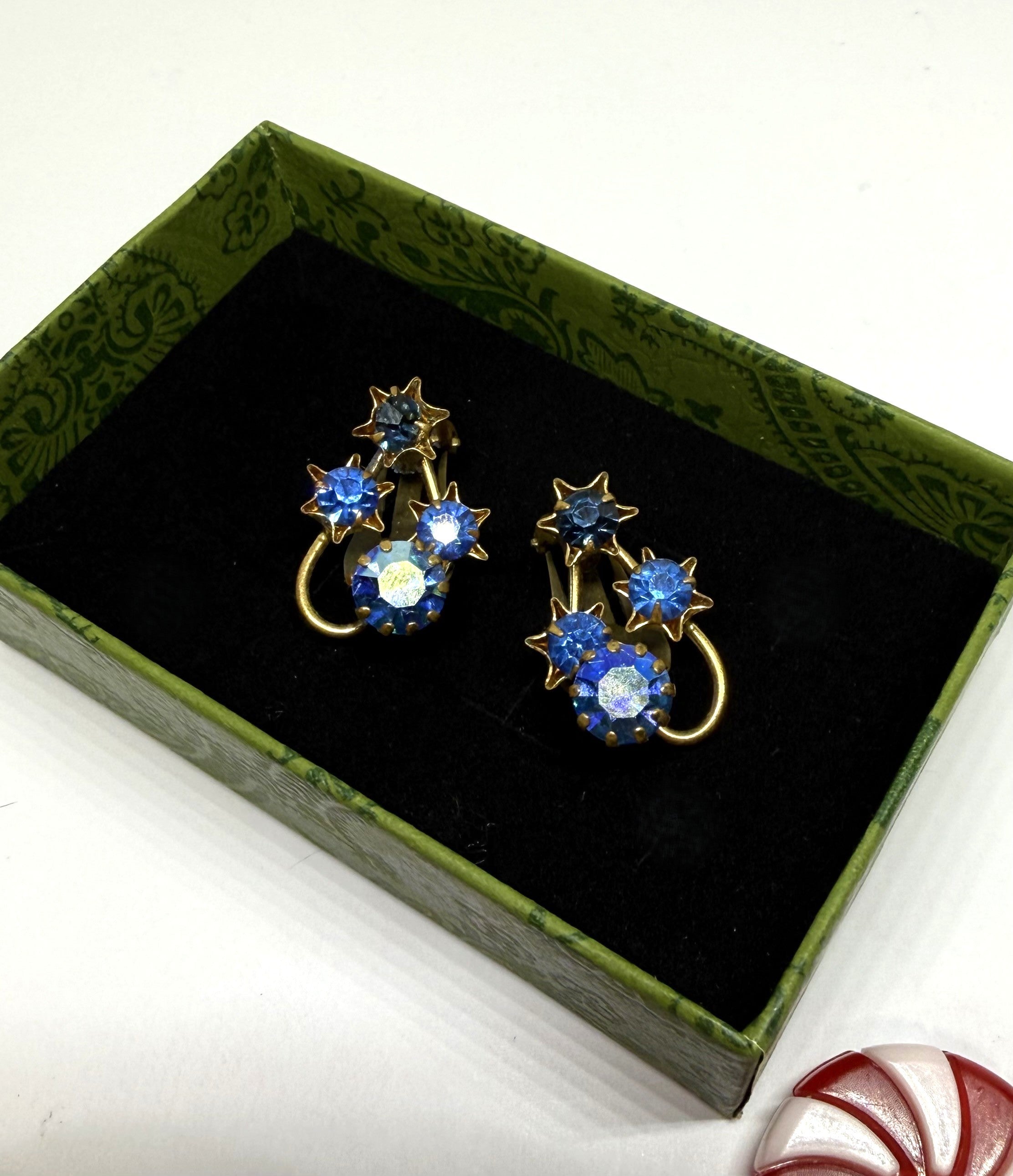 1940s Gold Tone Leaf Clip-On Earrings with Purple Aurora Borealis Stones, Made in Austria