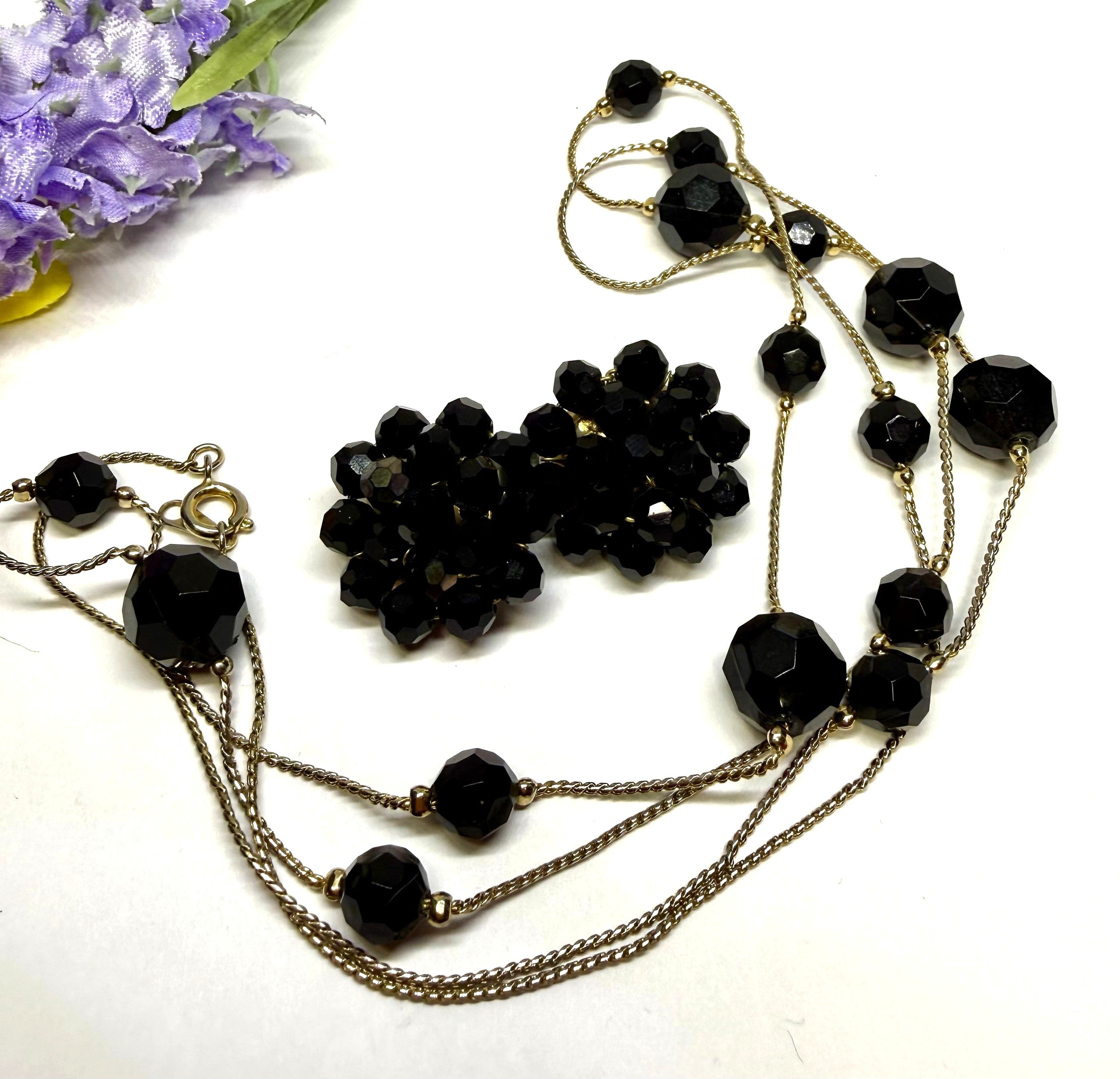 Gorgeous Black Glass and Gold Tone Necklace and Black Glass Cluster Earrings