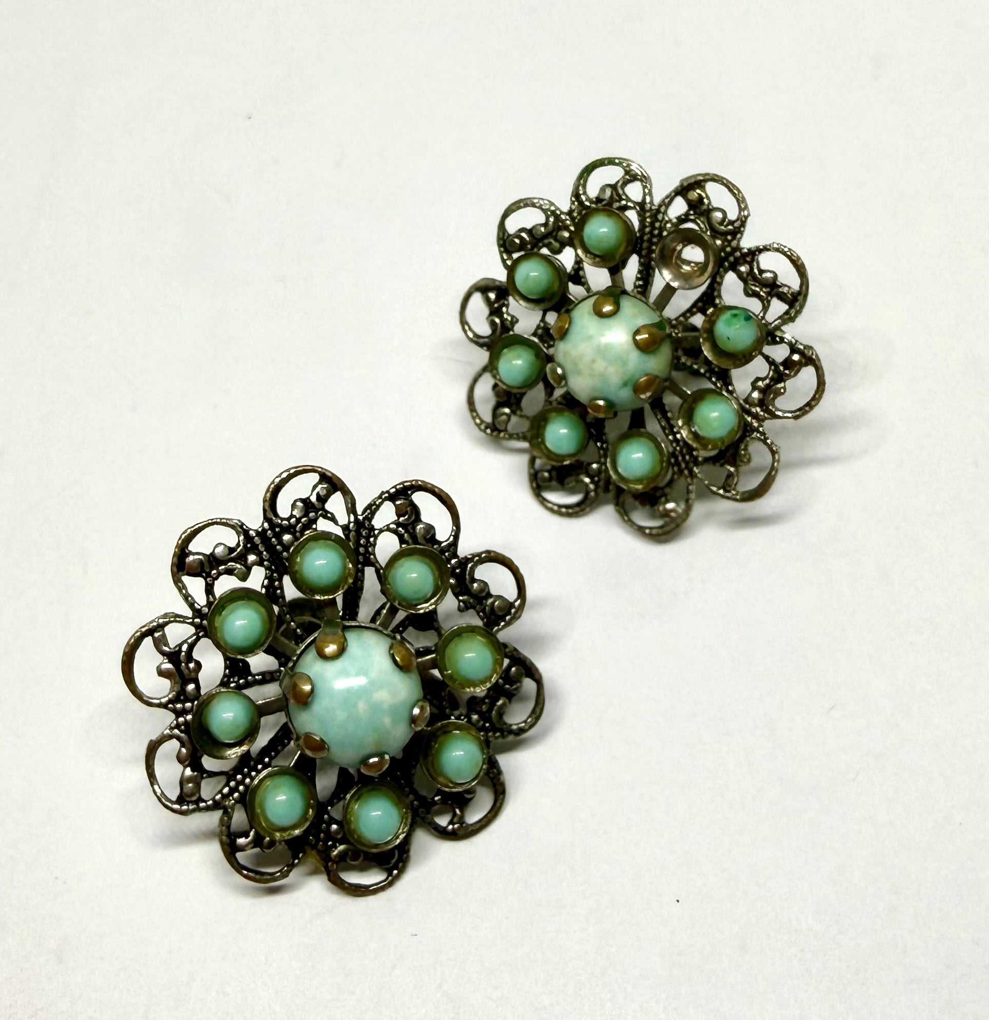 1940s Vintage Screw Back Silver and Turquoise Sunburst with Detailed Filigree