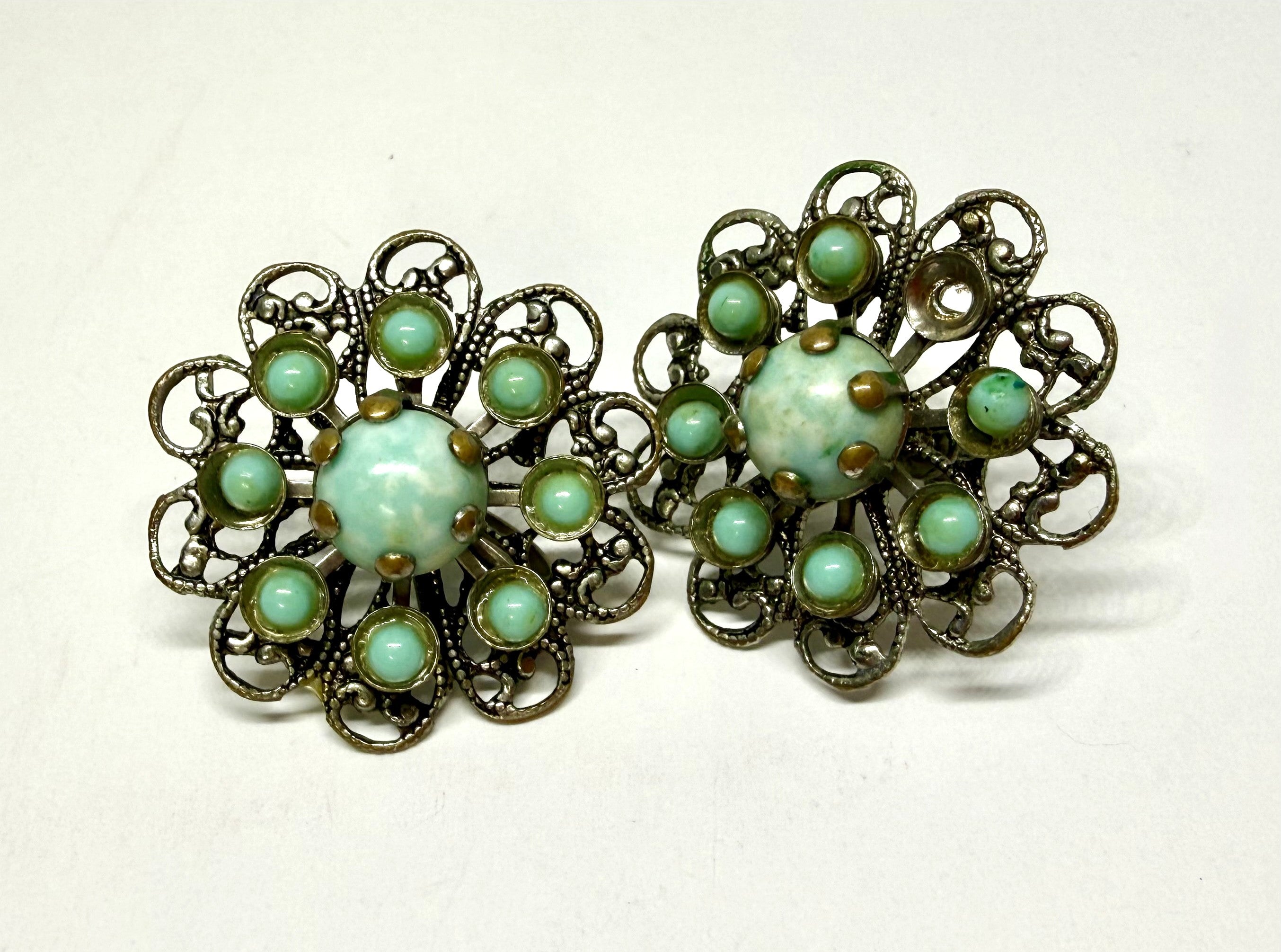 1940s Vintage Screw Back Silver and Turquoise Sunburst with Detailed Filigree