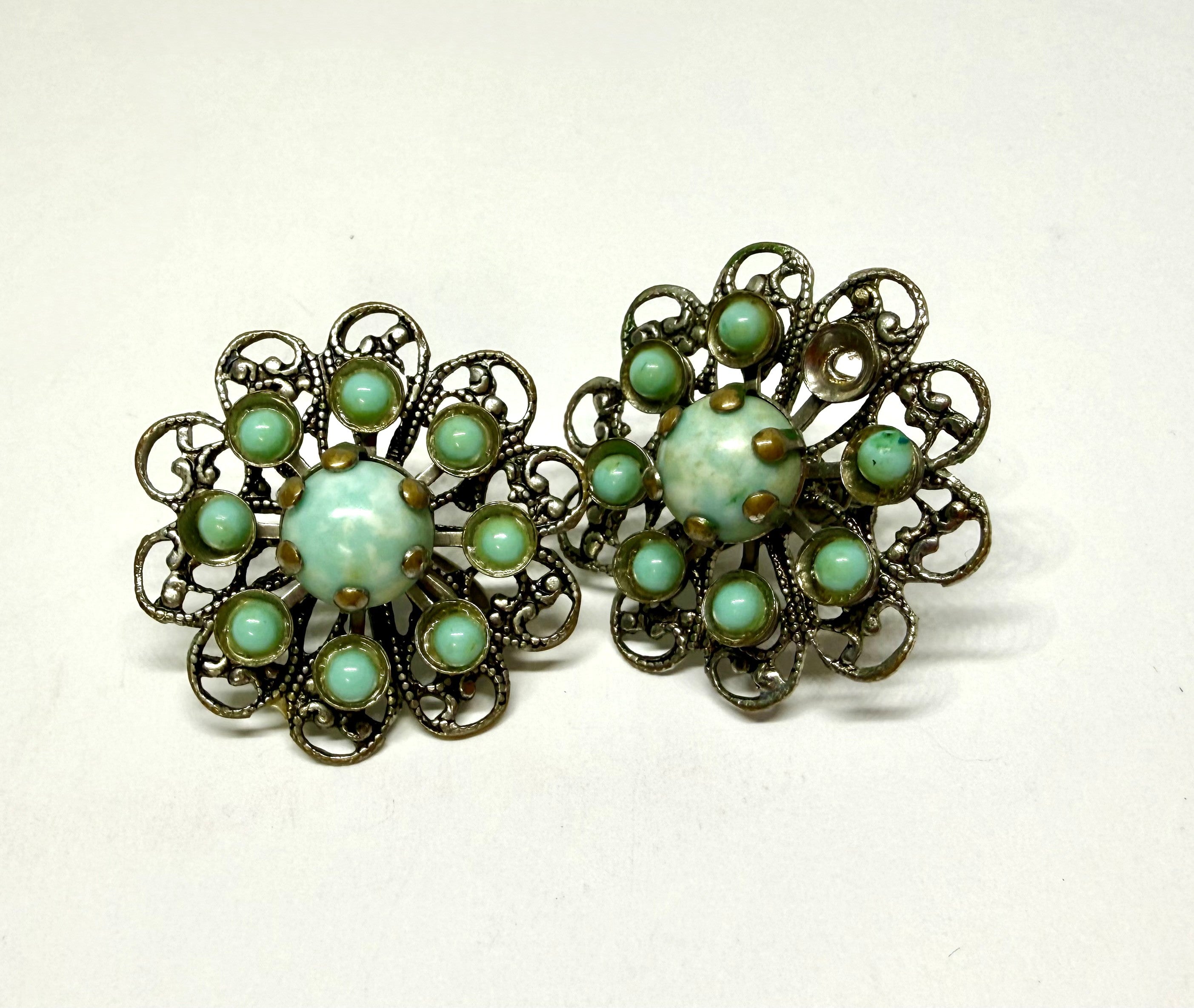 1940s Vintage Screw Back Silver and Turquoise Sunburst with Detailed Filigree - Peppermint-Twist-Vintage.com