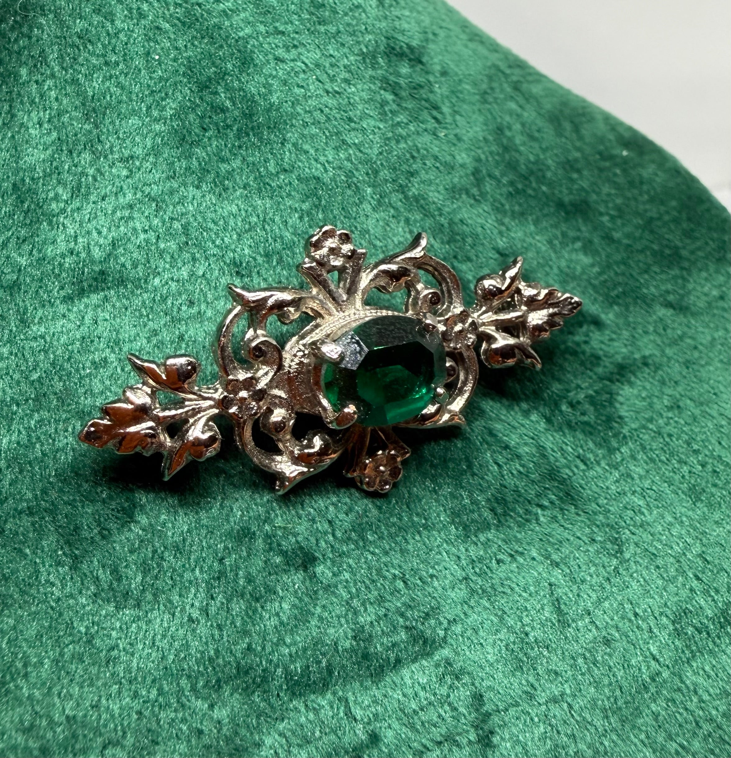 Vintage Silver and Green Bar Brooch