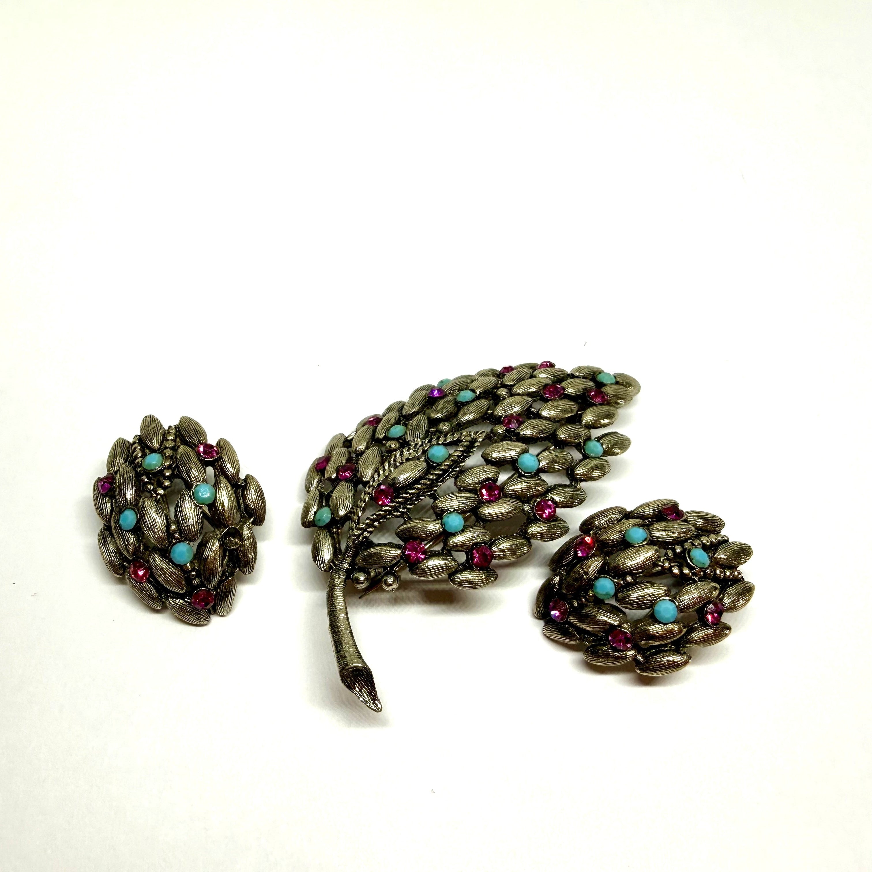 BSK Brooch and Earring Set - Peacock-Like Colours Themed - Silver, Purple and Blue