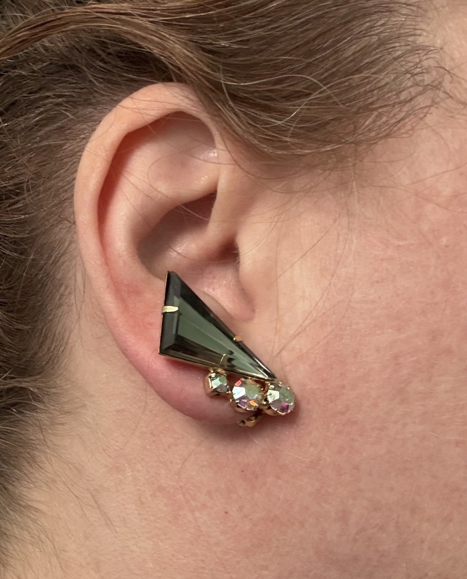 Gorgeous 1960s Austrian Crystal Clip-On Earrings - Smoky Grey Stones, Unique Triangle Shaped - Peppermint-Twist-Vintage.com