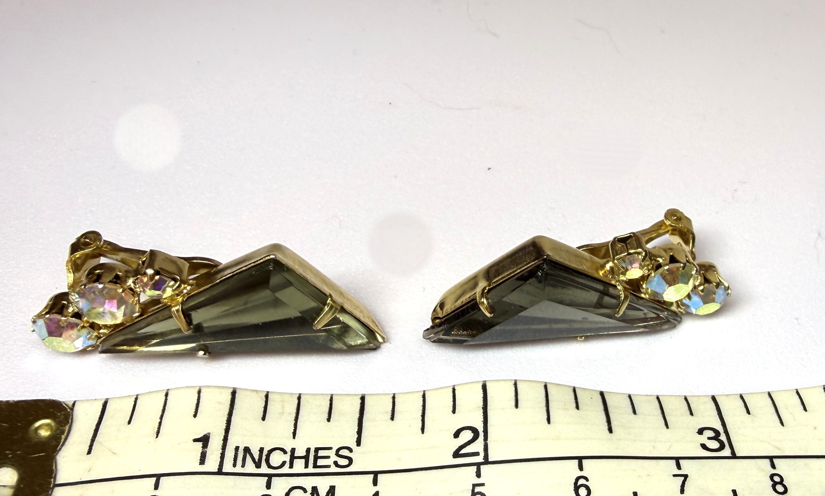 Gorgeous 1960s Austrian Crystal Clip-On Earrings - Smoky Grey Stones, Unique Triangle Shaped - Peppermint-Twist-Vintage.com