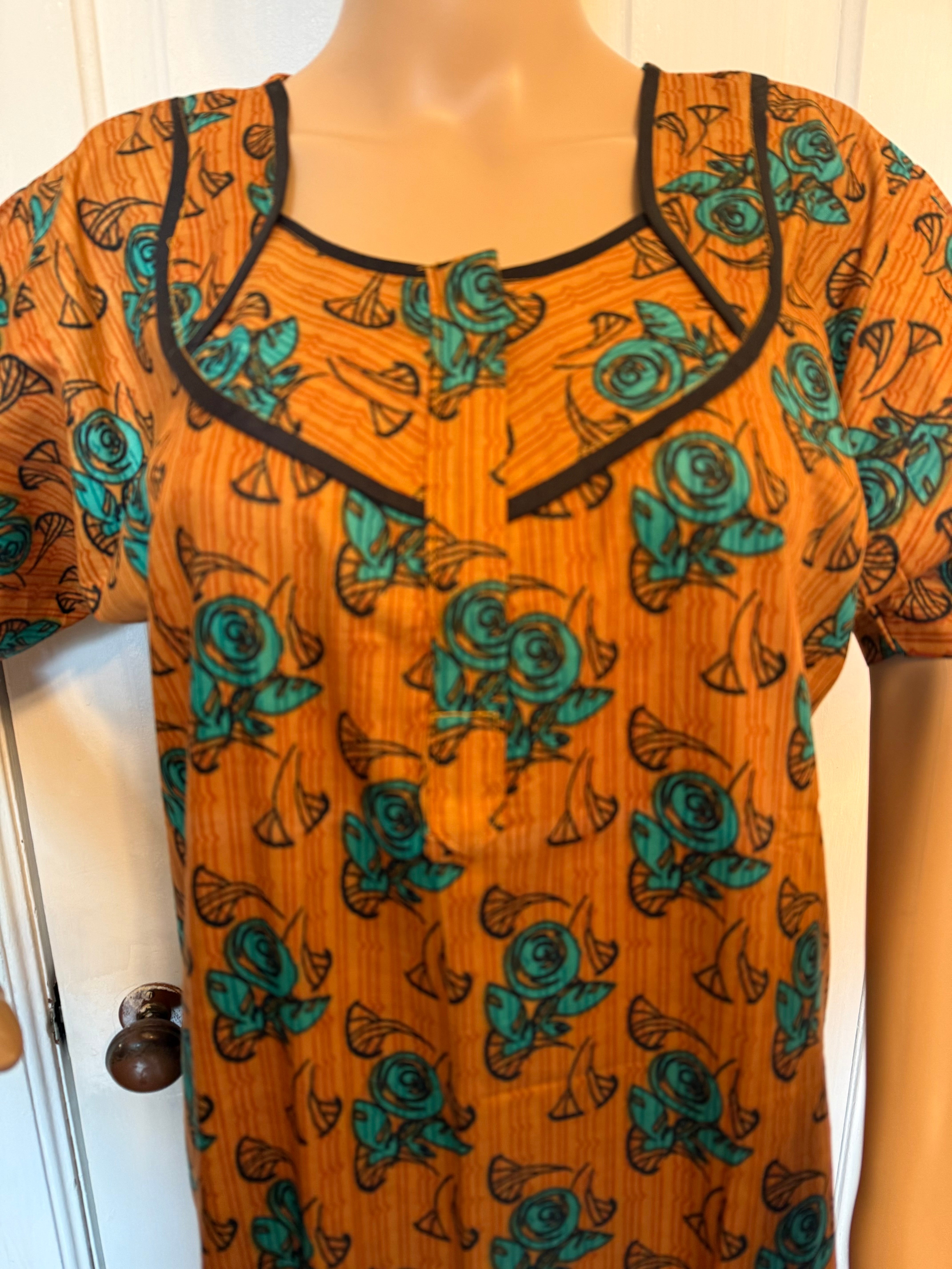Burnt Orange and Blue Floral Kaftan, Made in India, L Size