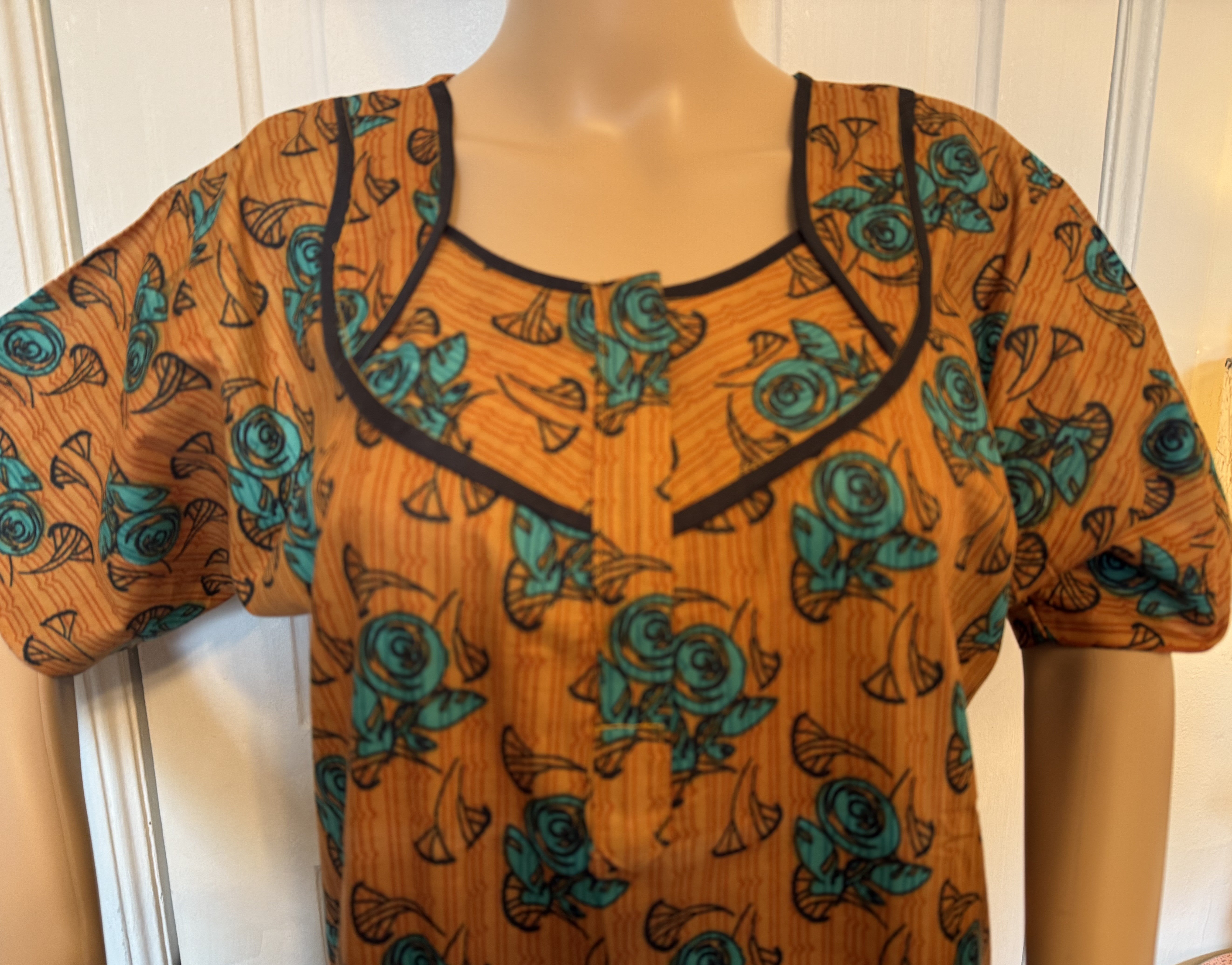 Burnt Orange and Blue Floral Kaftan, Made in India, L Size