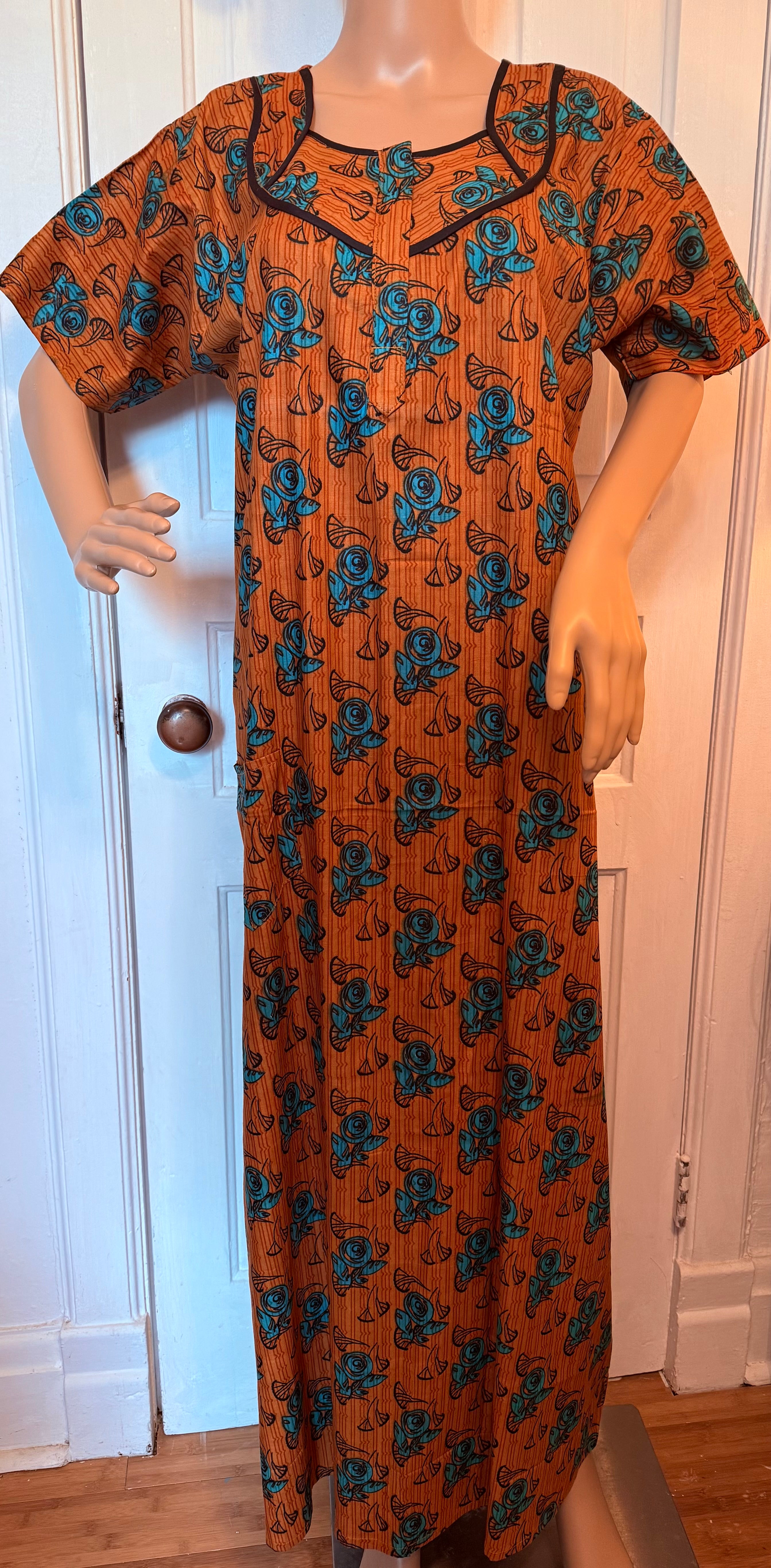 Burnt Orange and Blue Floral Kaftan, Made in India, L Size