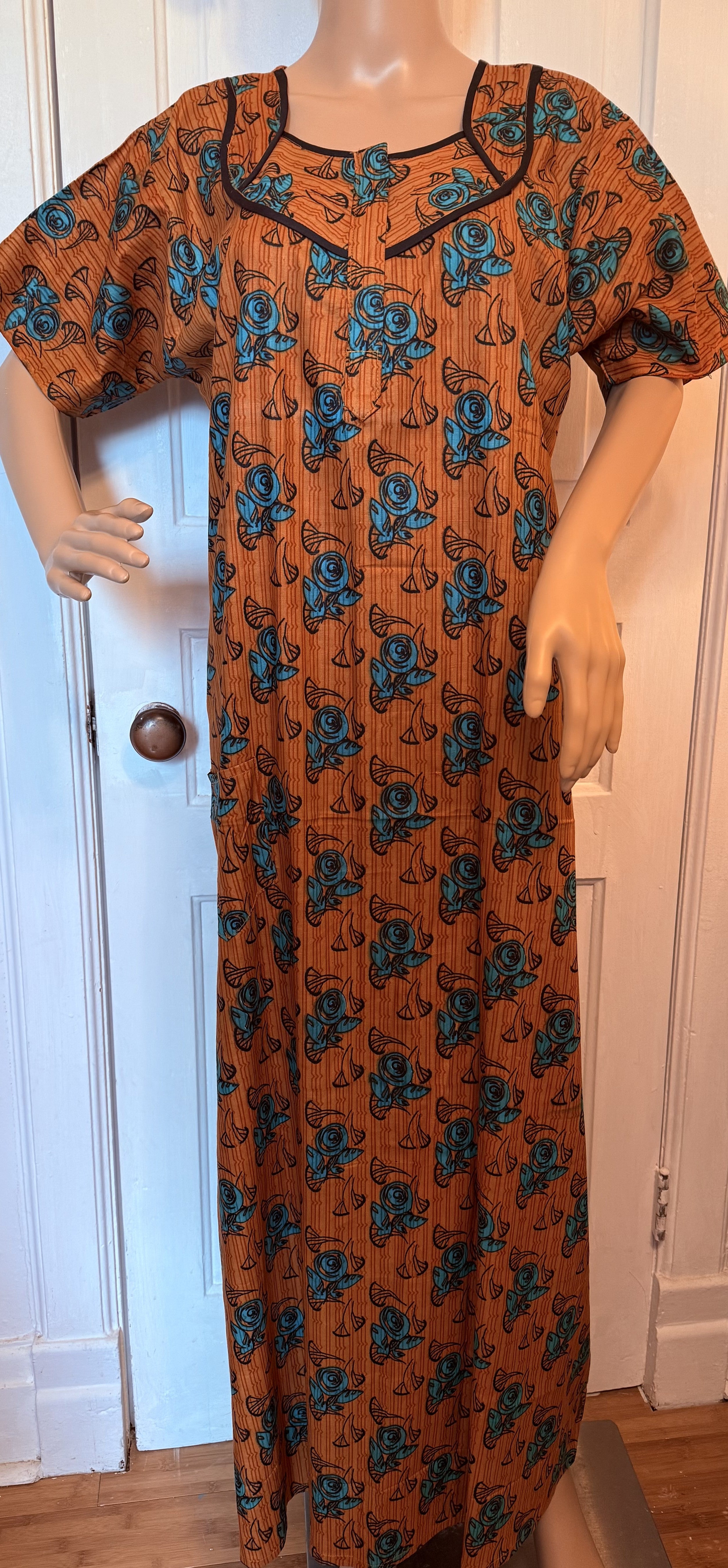Burnt Orange and Blue Floral Kaftan, Made in India, L Size