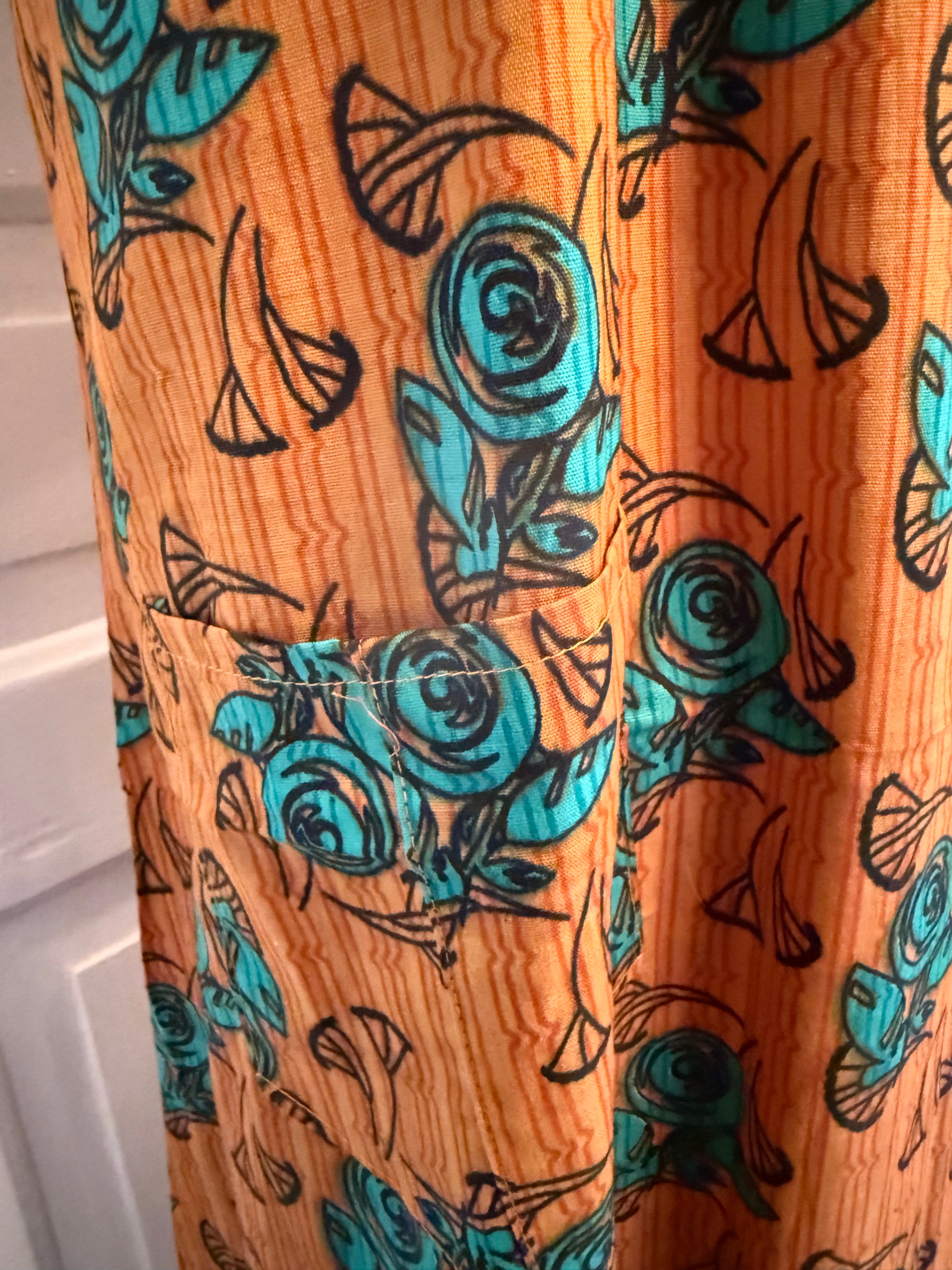 Burnt Orange and Blue Floral Kaftan, Made in India, L Size