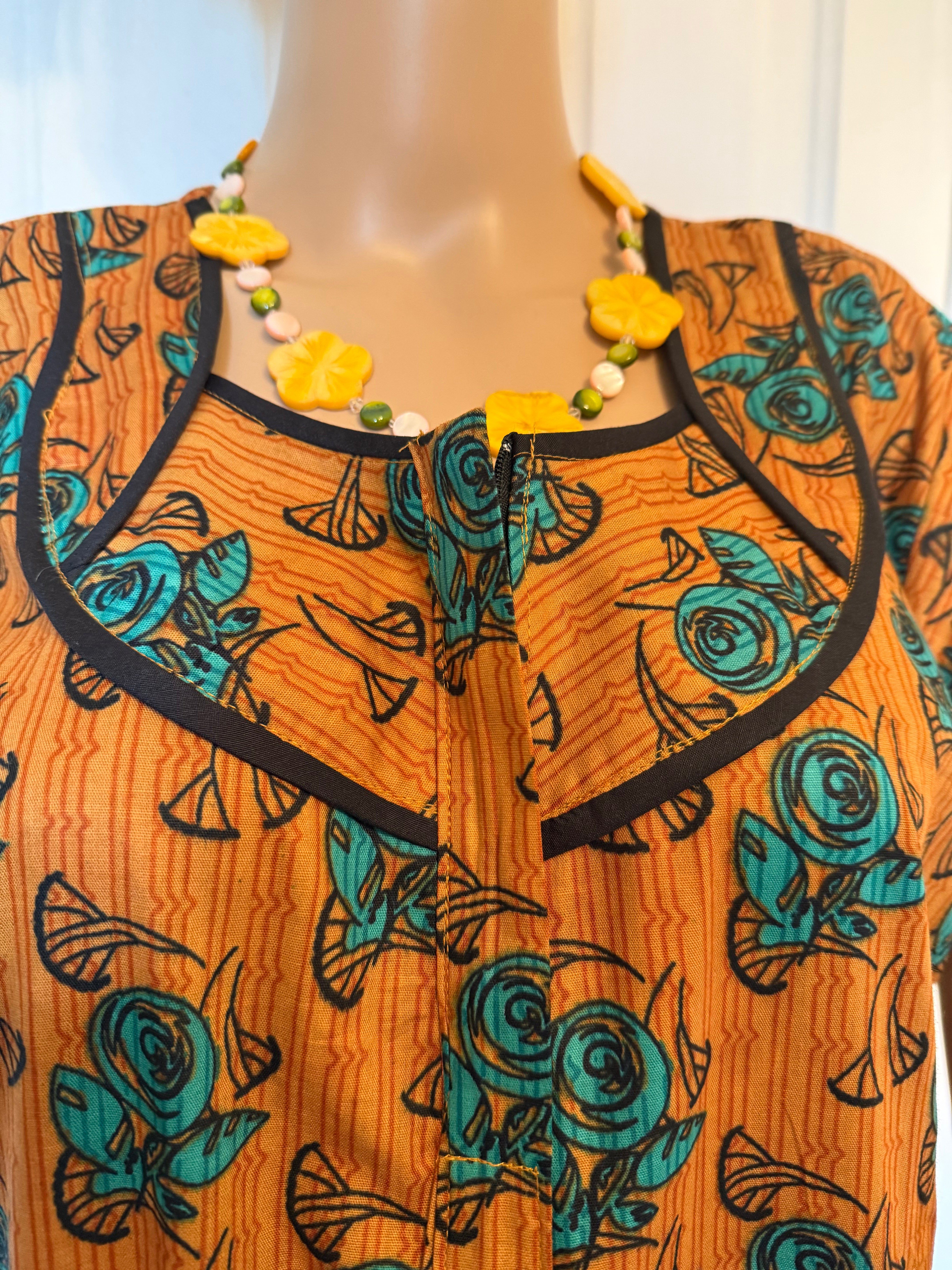 Burnt Orange and Blue Floral Kaftan, Made in India, L Size