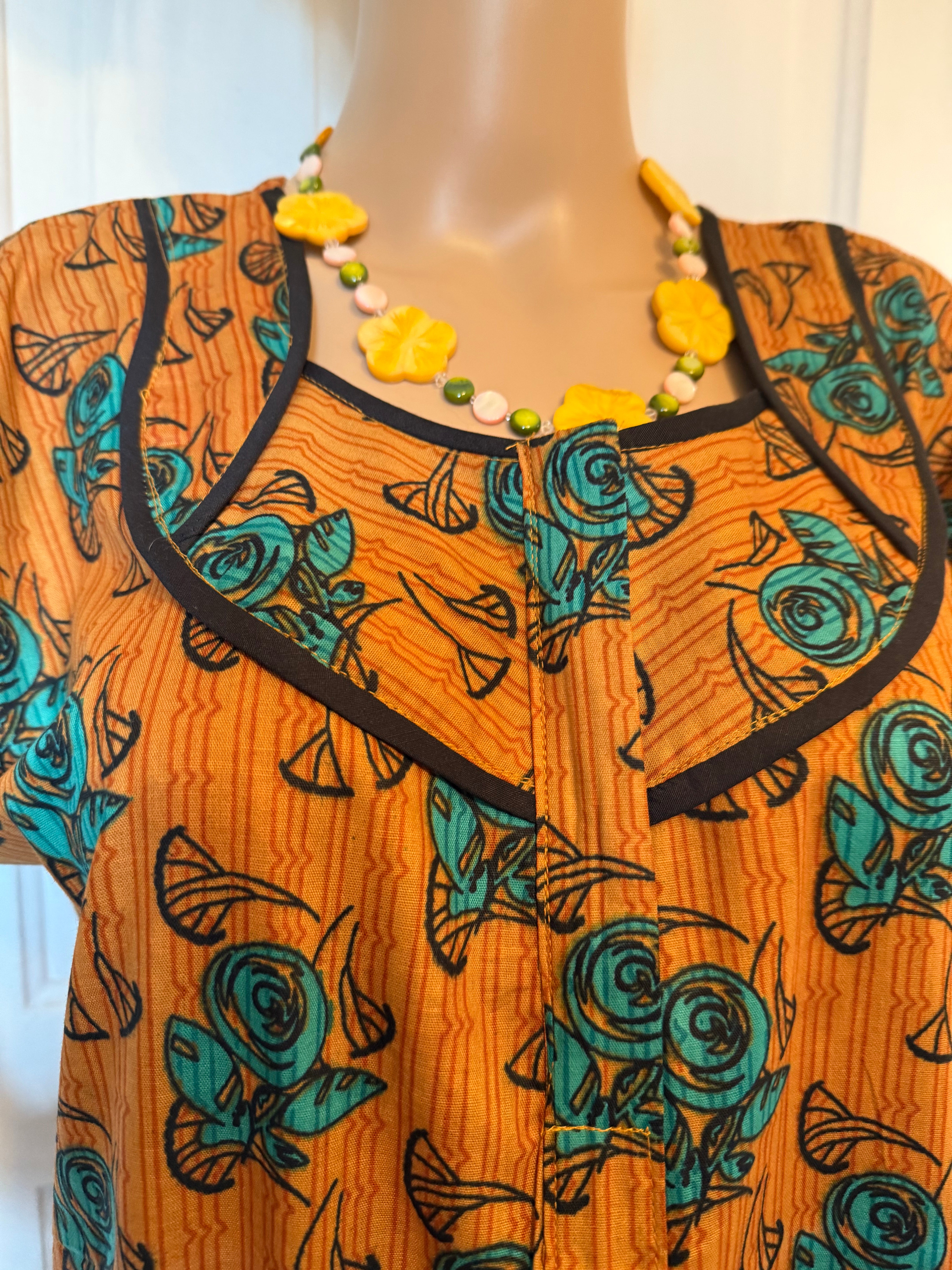 Burnt Orange and Blue Floral Kaftan, Made in India, L Size