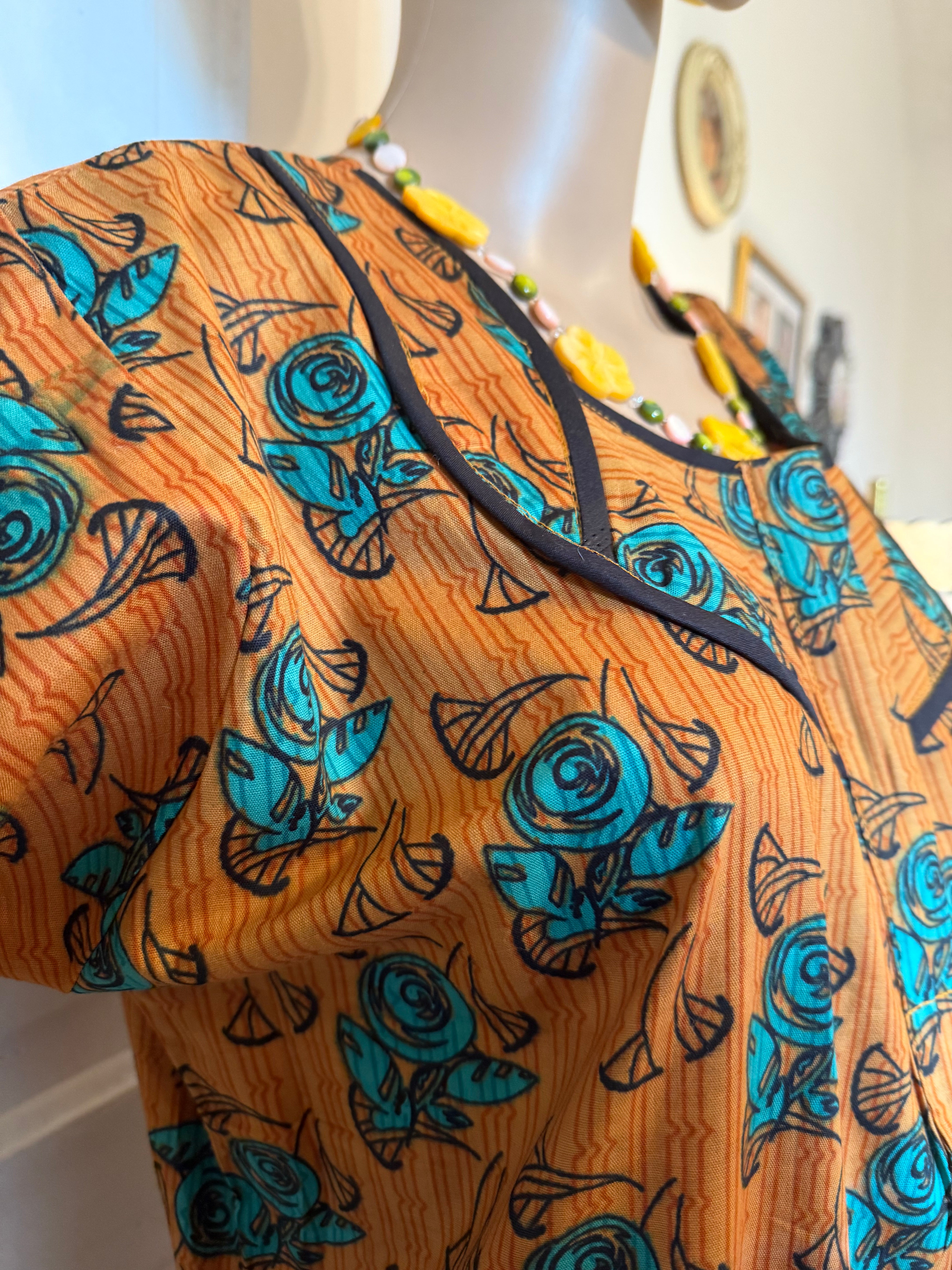 Burnt Orange and Blue Floral Kaftan, Made in India, L Size