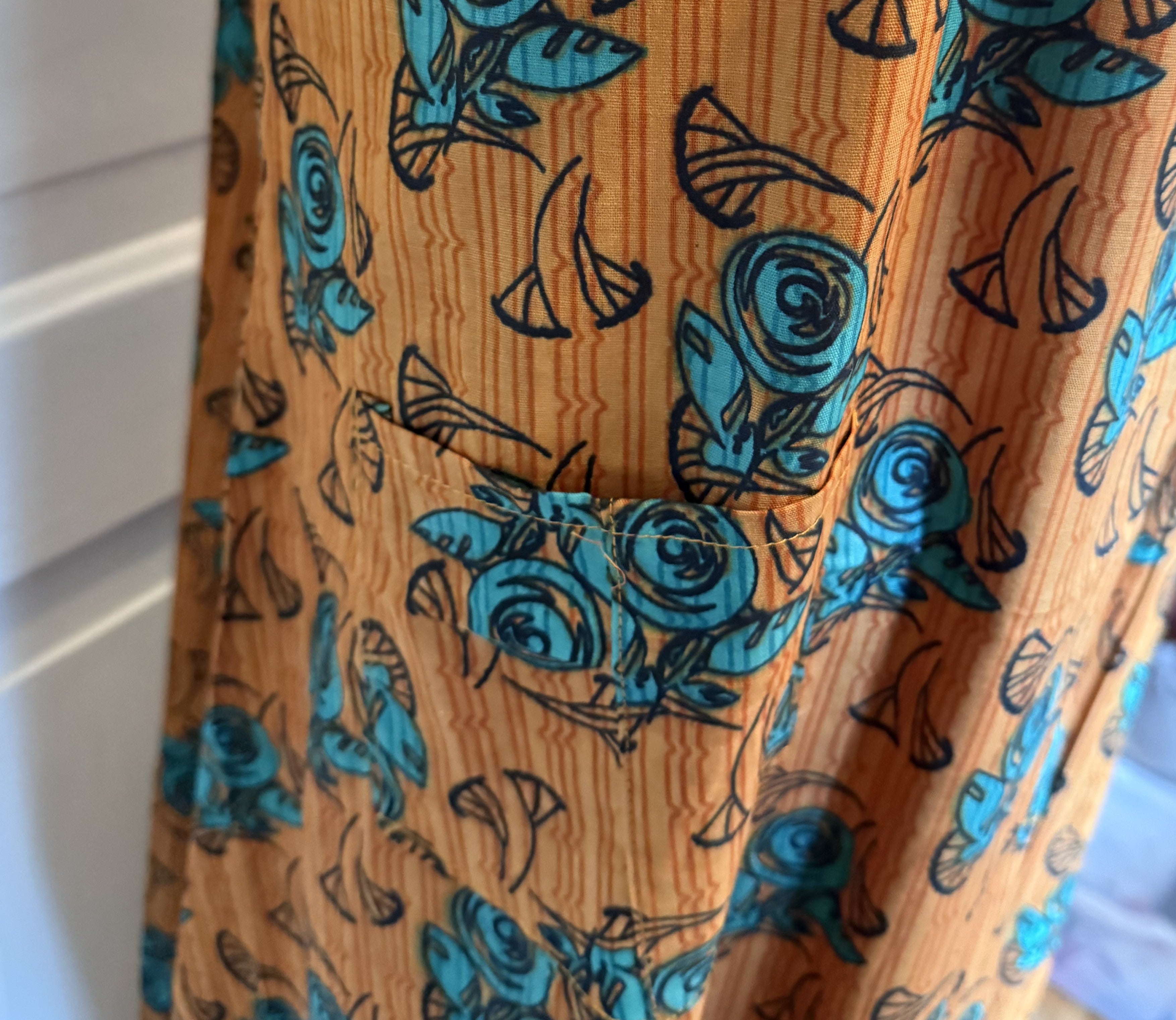 Burnt Orange and Blue Floral Kaftan, Made in India, L Size