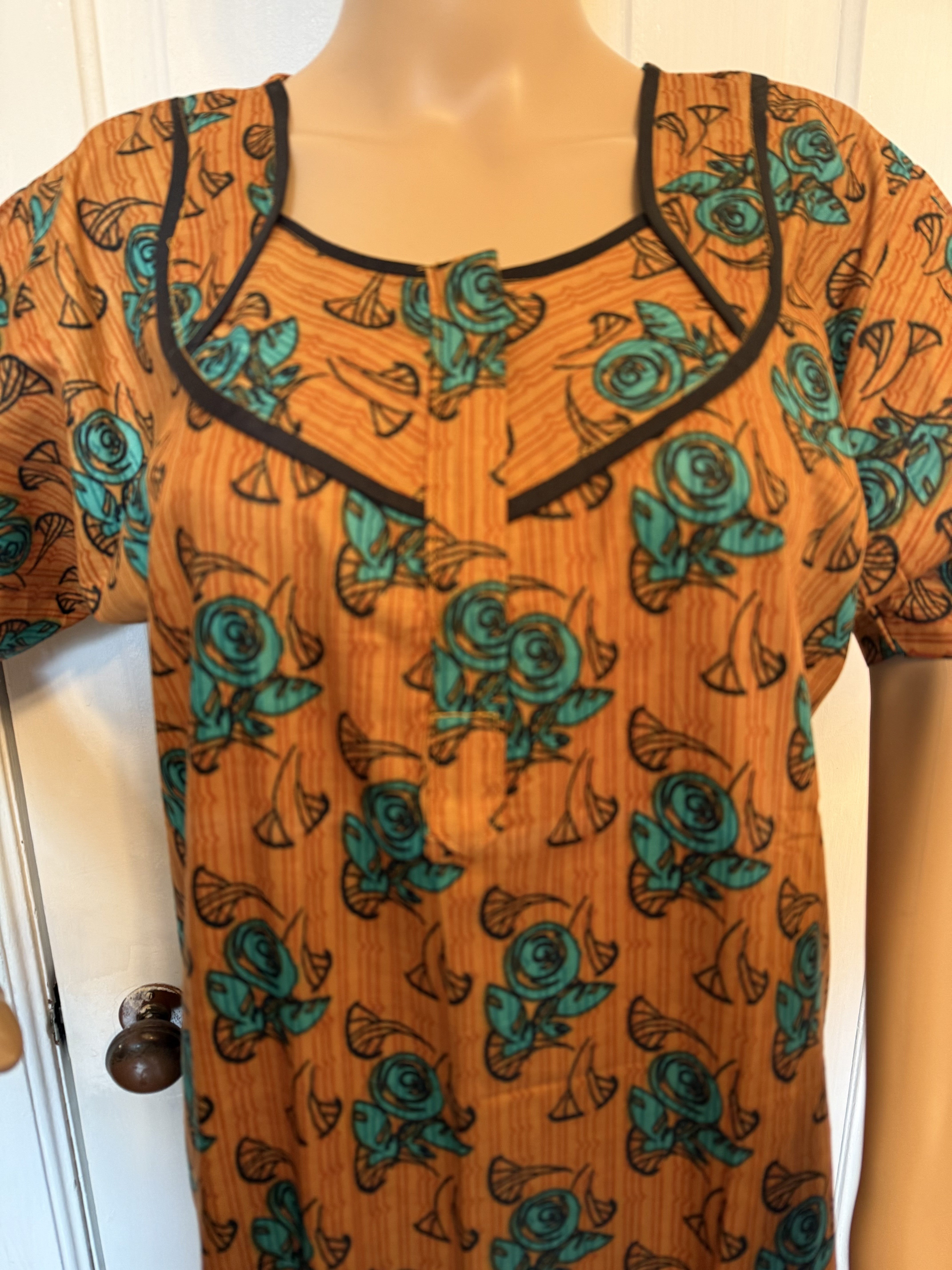 Burnt Orange and Blue Floral Kaftan, Made in India, L Size
