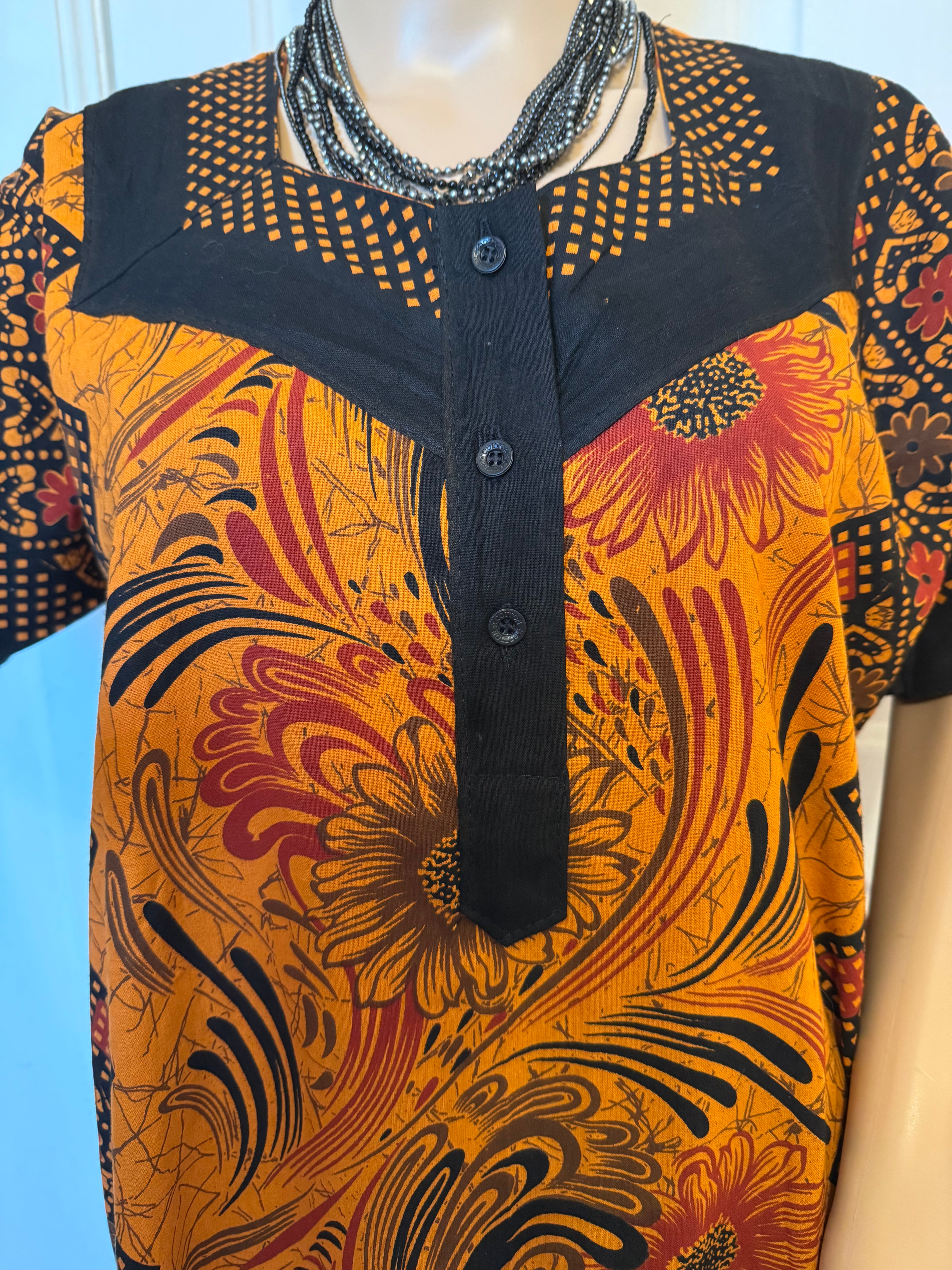 Burnt Orange and Black Patterned Kaftan, Size L