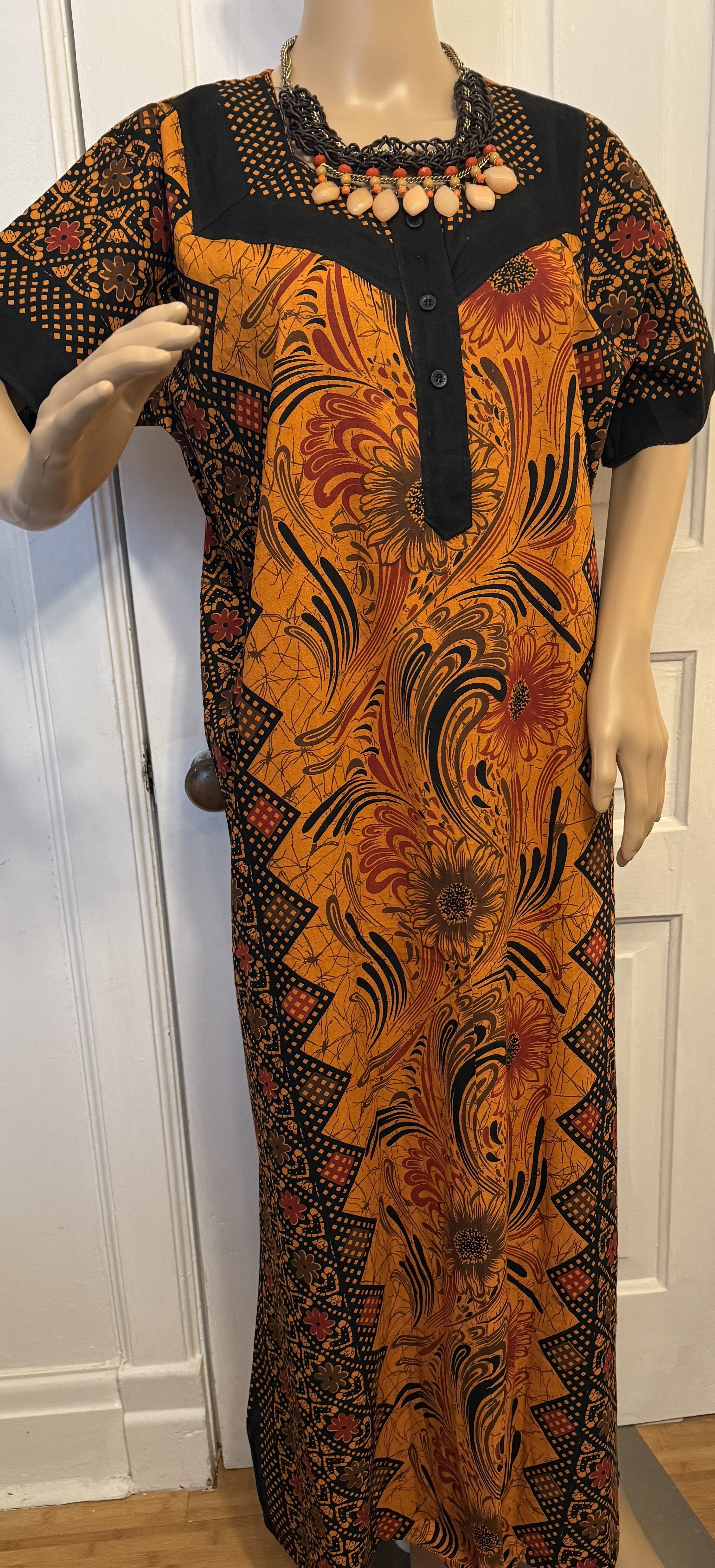 Burnt Orange and Black Patterned Kaftan, Size L
