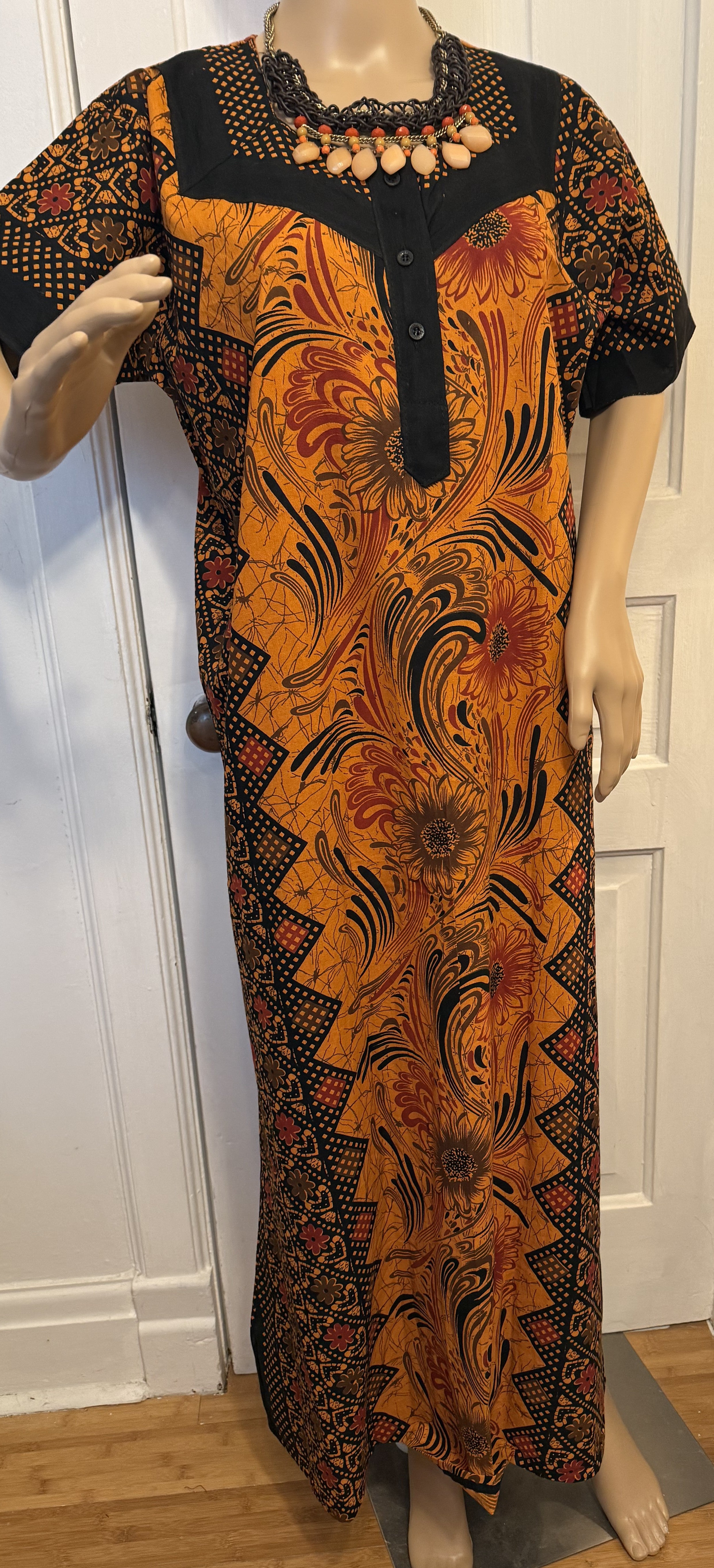 Burnt Orange and Black Patterned Kaftan, Size L