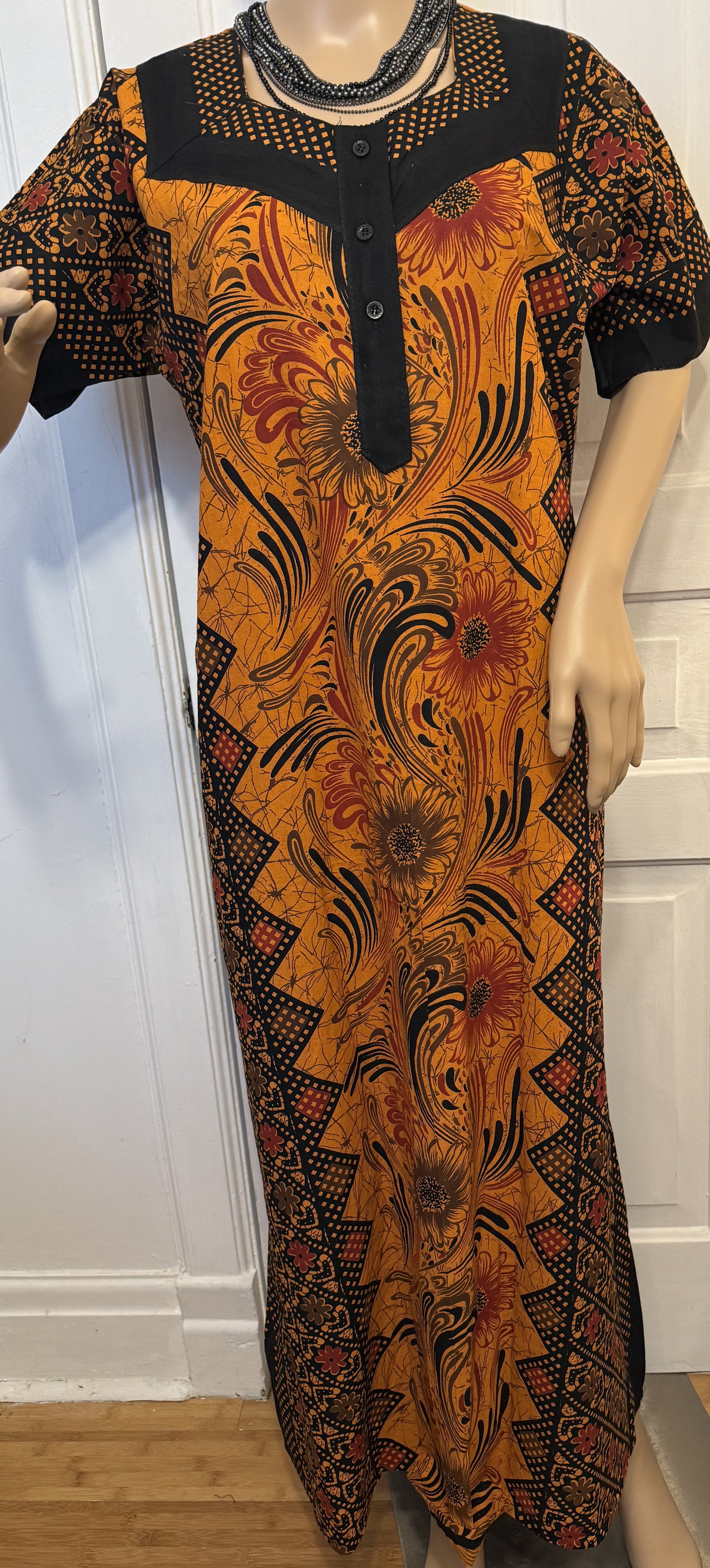 Burnt Orange and Black Patterned Kaftan, Size L