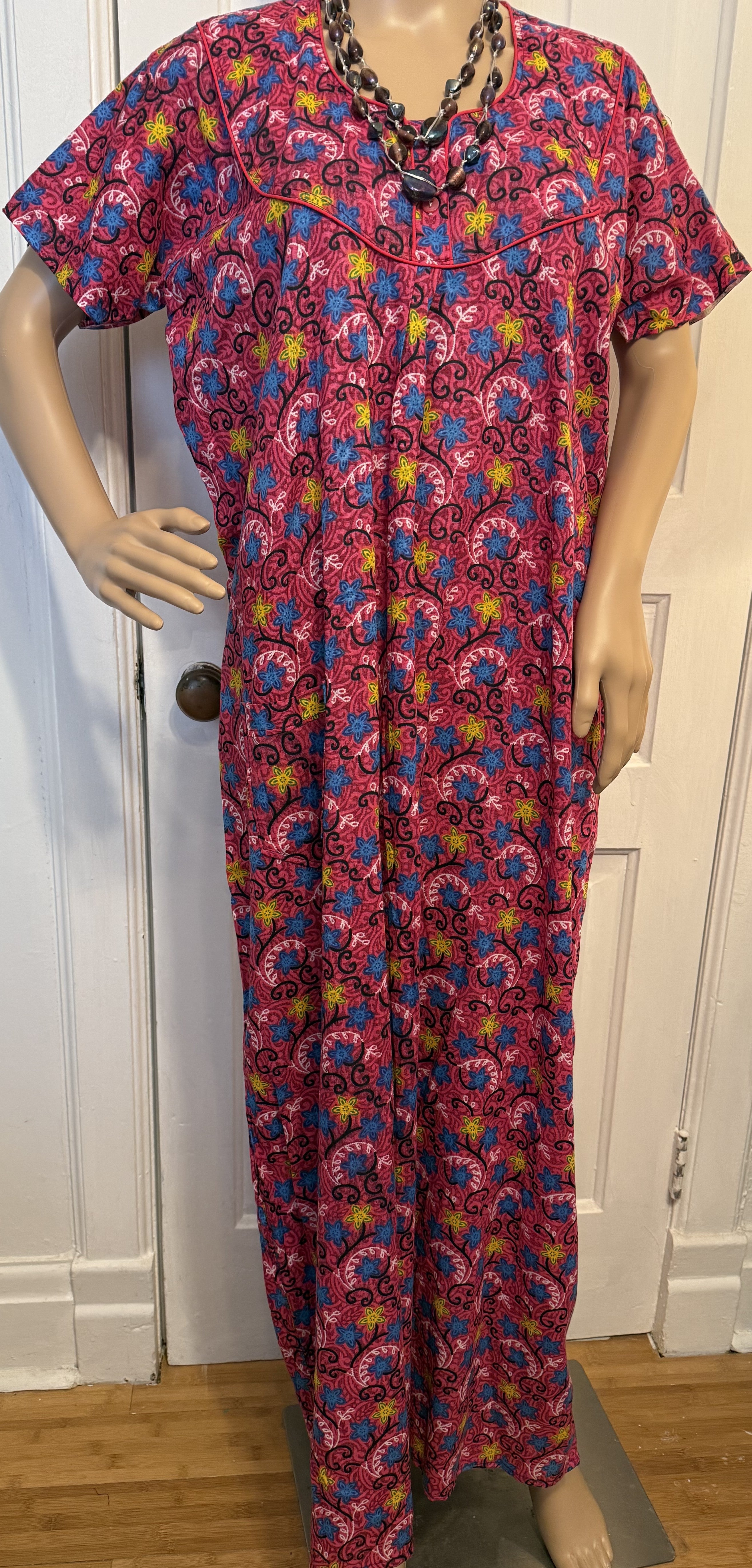 Pink, Yellow and Blue Floral Kaftan, Made in India, L- XL  Size