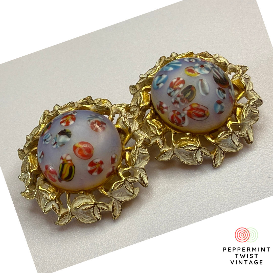 Gorgeous Vintage Millefiori Clip on Earrings - Patent Pending, 1960s Gorgeous - Peppermint-Twist-Vintage.com