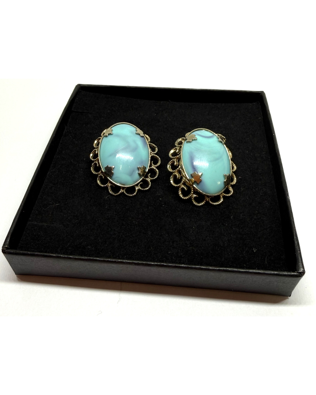 Vintage Clip-On Turquoise and Gold Cabochon Earrings, Vintage