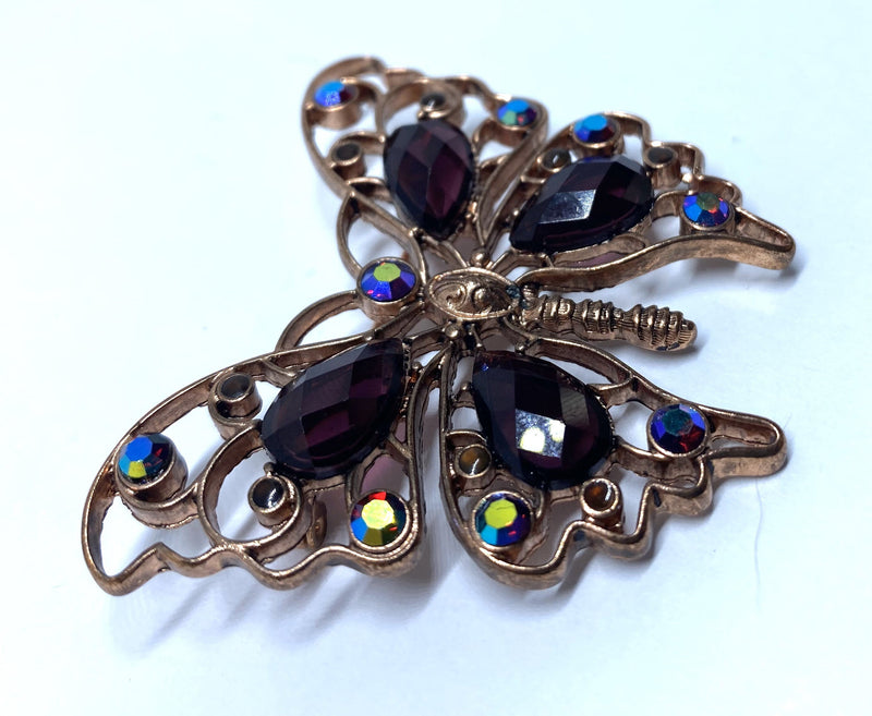 Gorgeous Goldtone Purple Black Rhinestone Butterfly Brooch - STUNNING