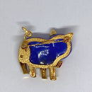 Shiny Blue Pig Brooch - Pin with Gold Trim and Rhinestones - Resin - Super Cute