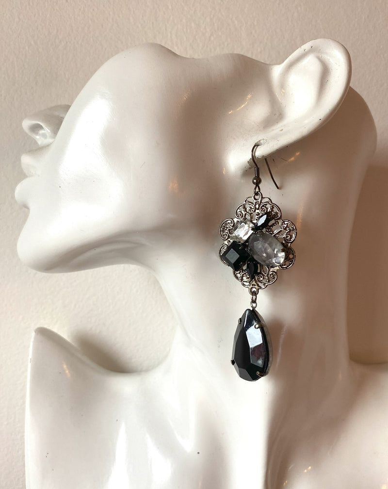 Vintage Inspired Goth, Dangle Earrings - Pierced. Goth, Victorian Style, Black, Lucite and Silvertone