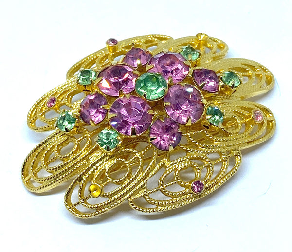 Gold Pink and Green Accent Brooch, Mint Condition - 1960s, 1970s, 1980s Stunning