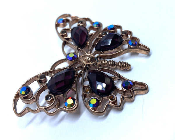 Gorgeous Goldtone Purple Black Rhinestone Butterfly Brooch - STUNNING